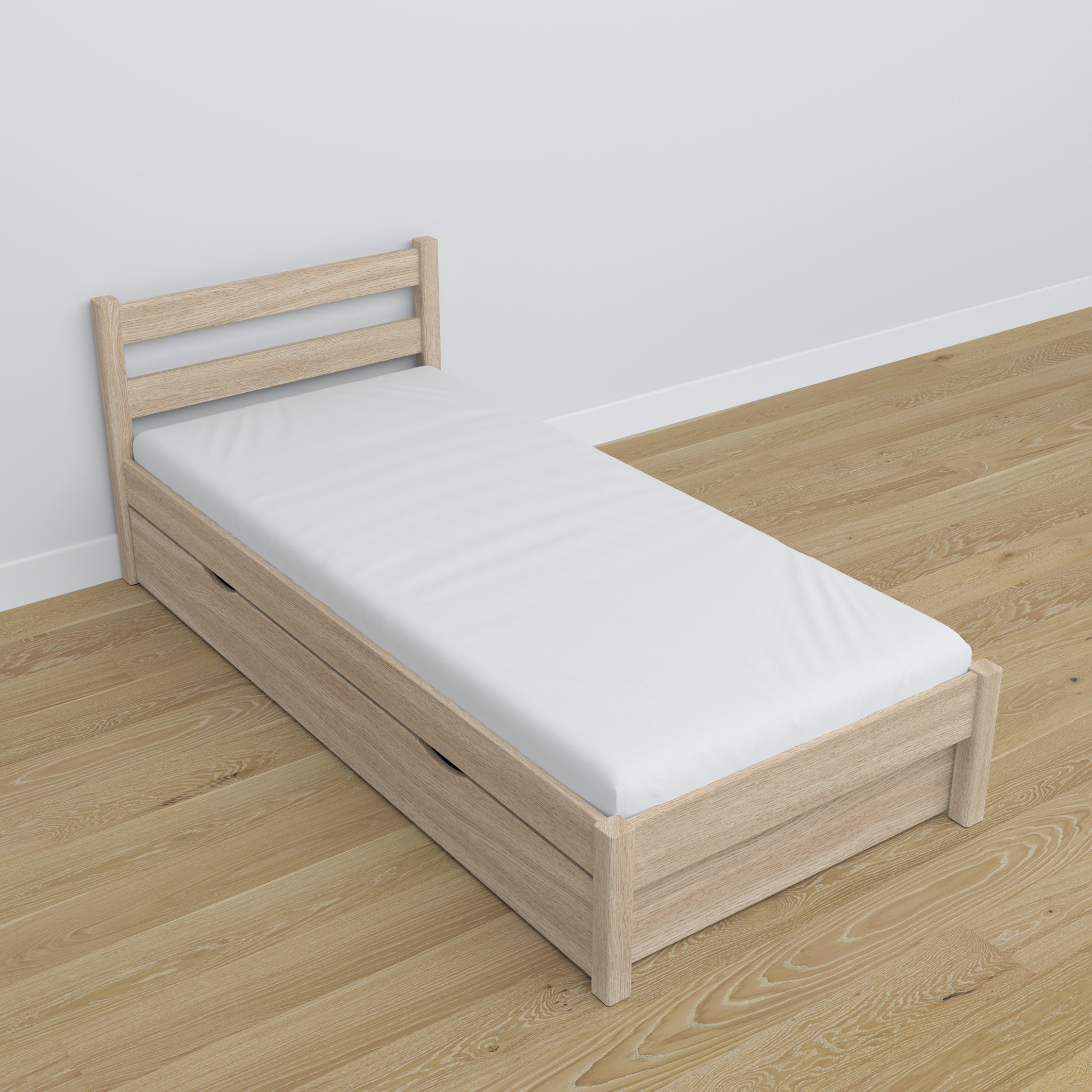 Bett mit Schublade aus Eiche gebeizt weiß – Maße und Schema, Nizio Home