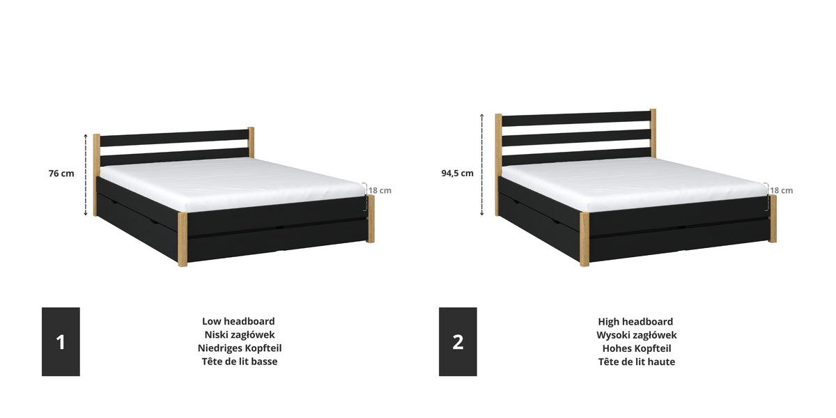 Doppelbett Holz Schwarz mit Eiche – Verbindungs- und Schubladendetails, Nizio