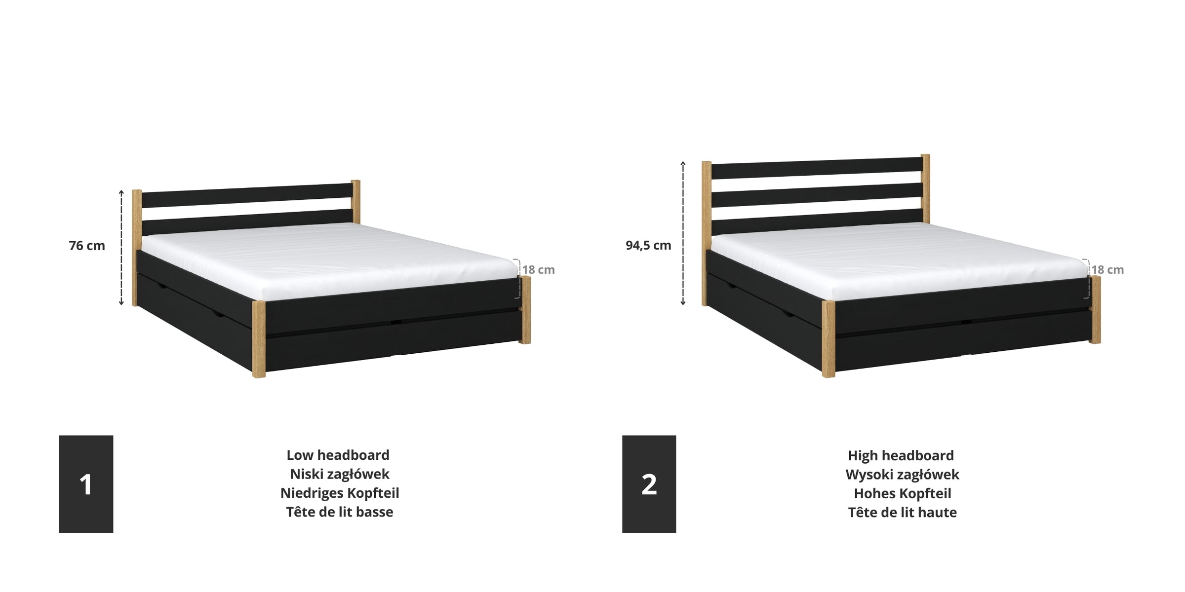 Doppelbett Holz Schwarz mit Eiche – Verbindungs- und Schubladendetails, Nizio
