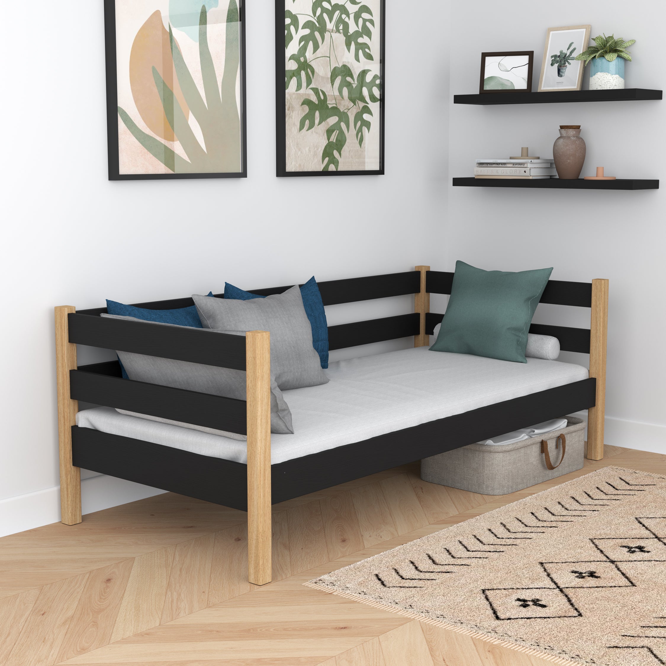 Łóżko sofa N01 czarno dębowy – widok z boku, solidna konstrukcja drewniana