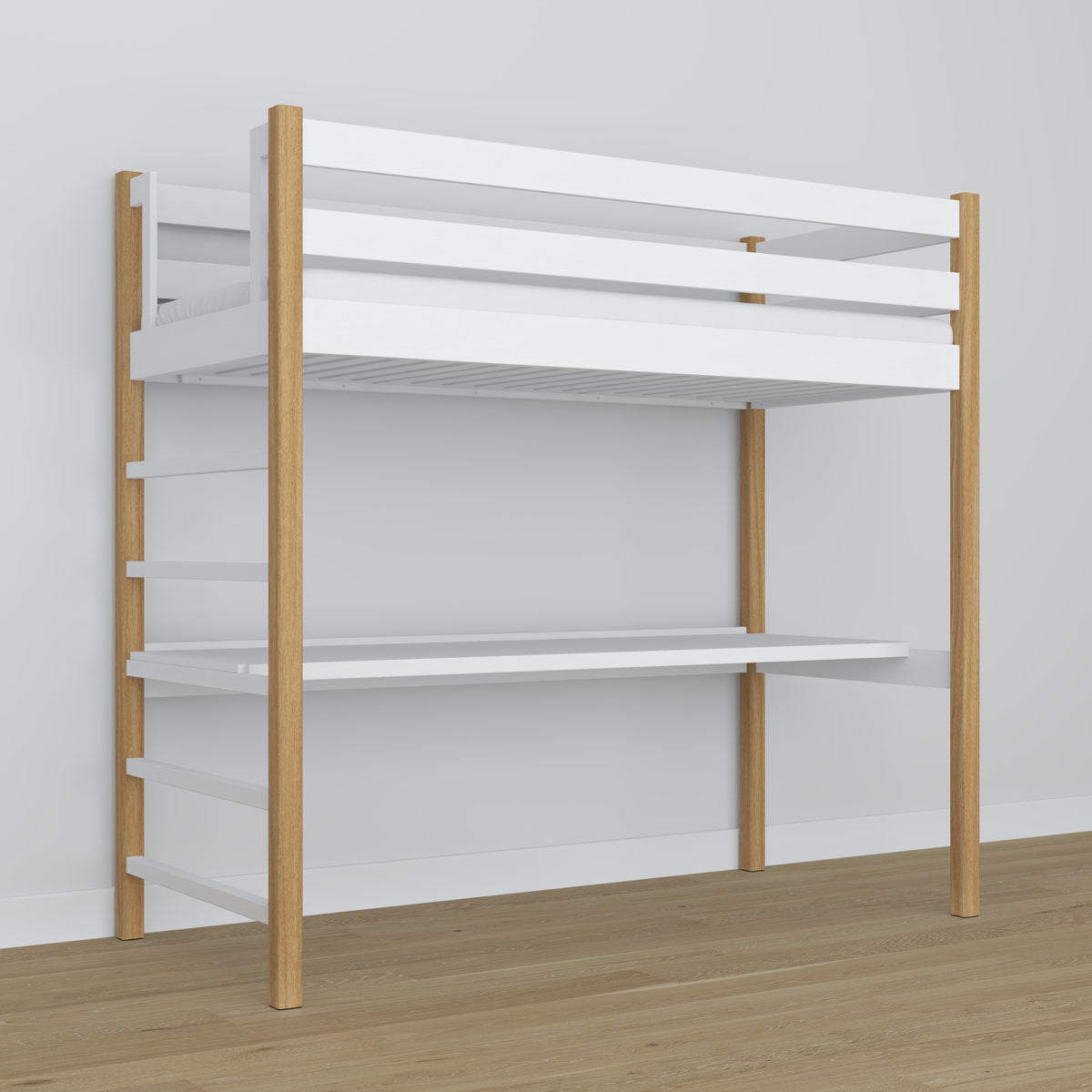 Hochbett mit Schreibtisch Weiß-Eiche aus Holz – Maße, Nizio Home