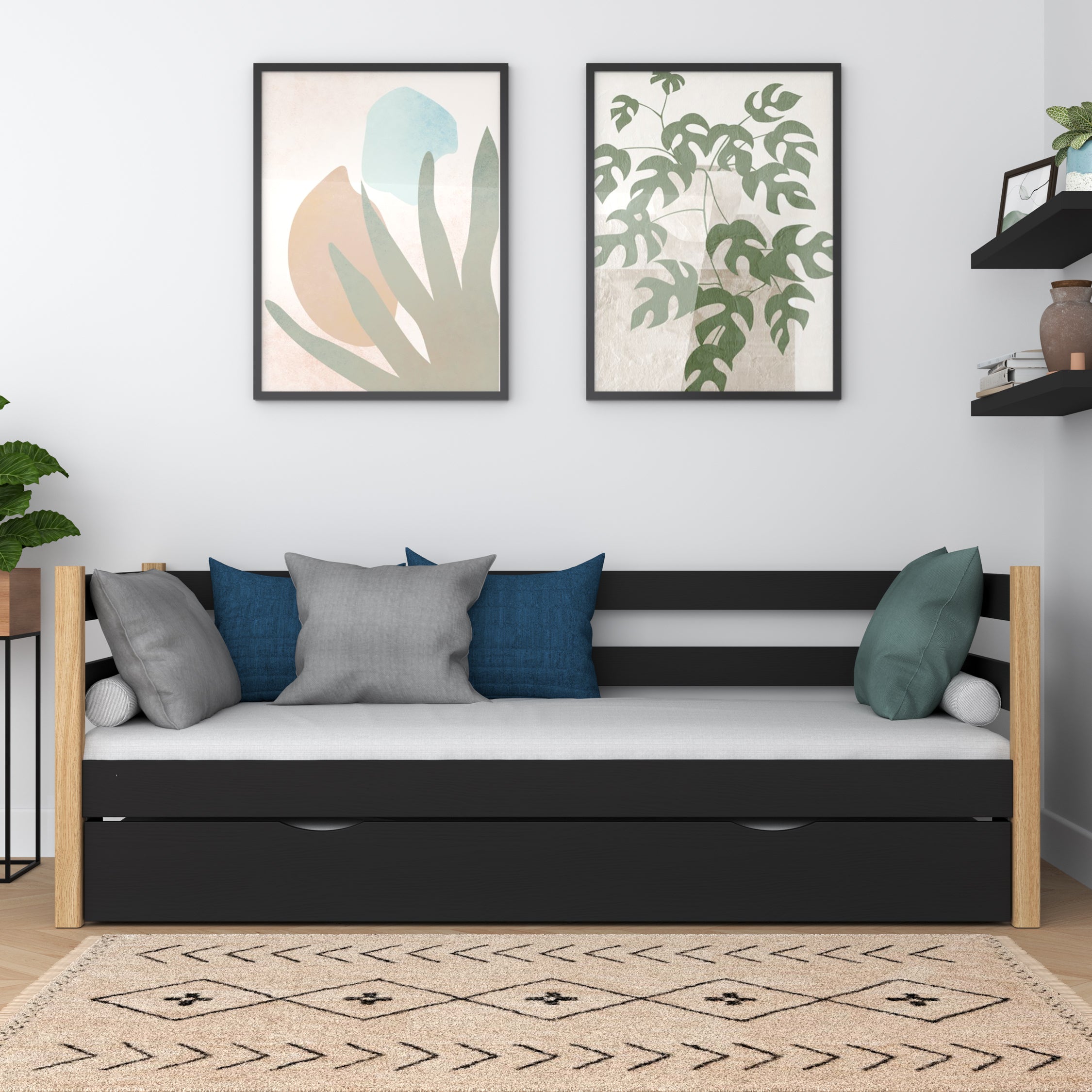 Sofa bed black-oak – wooden side barrier, side view, Nizio