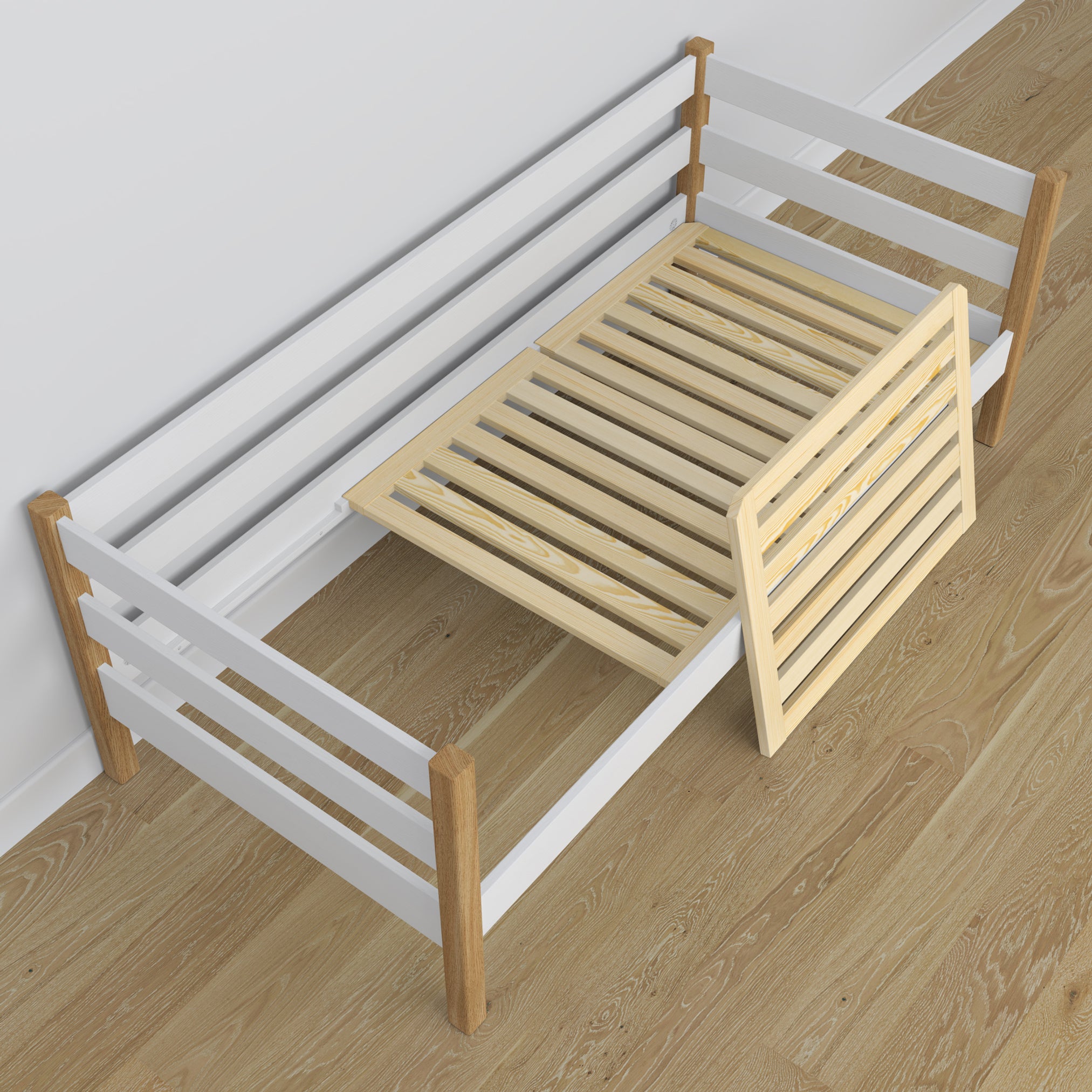 Łóżko sofa N01 biało dębowy – widok z innej perspektywy, solidne drewno