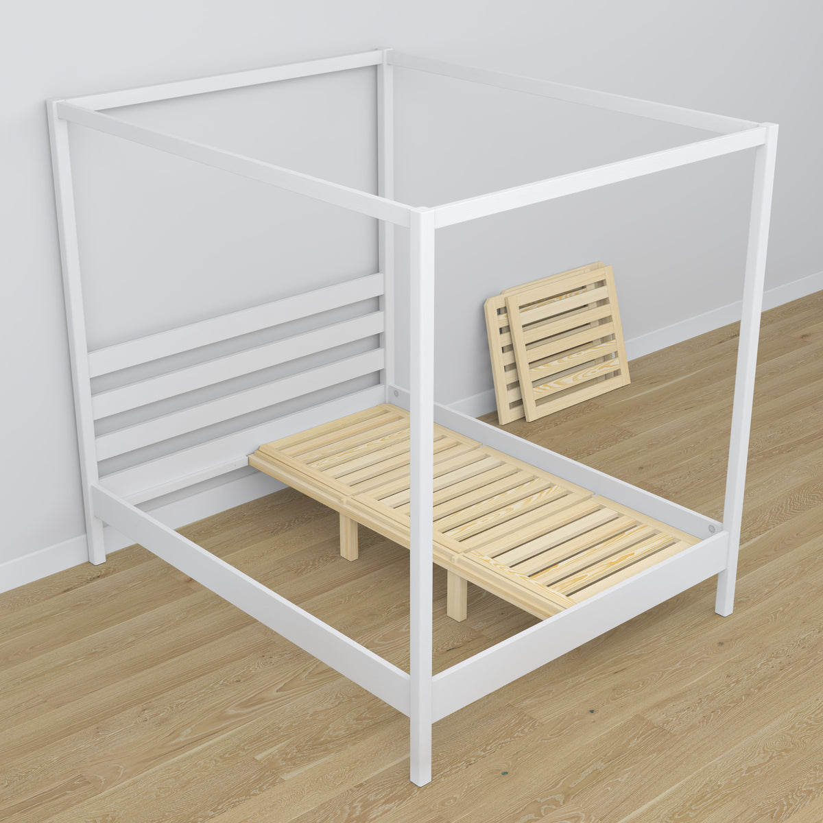 White canopy bed made of wood – side view, scandi style