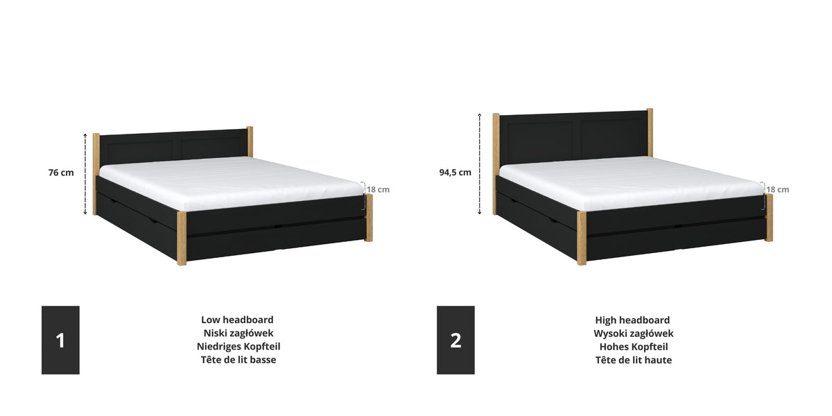 Doppelbett Holz Schwarz mit Eiche – Verbindungs- und Schubladendetails, Nizio