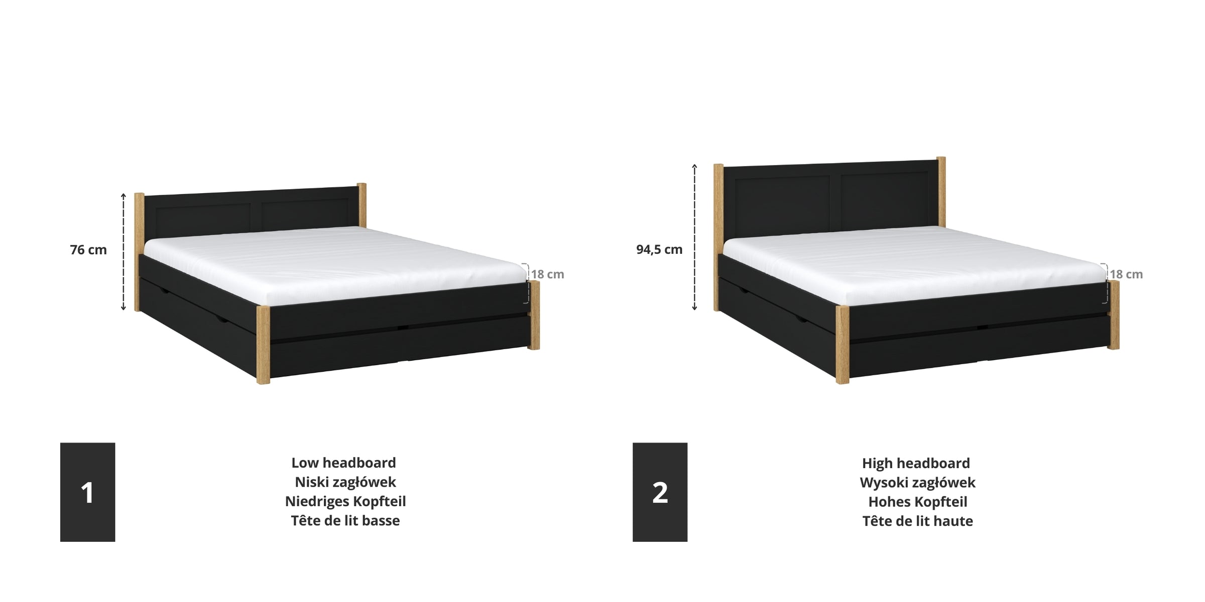 Doppelbett Holz Schwarz mit Eiche – Verbindungs- und Schubladendetails, Nizio