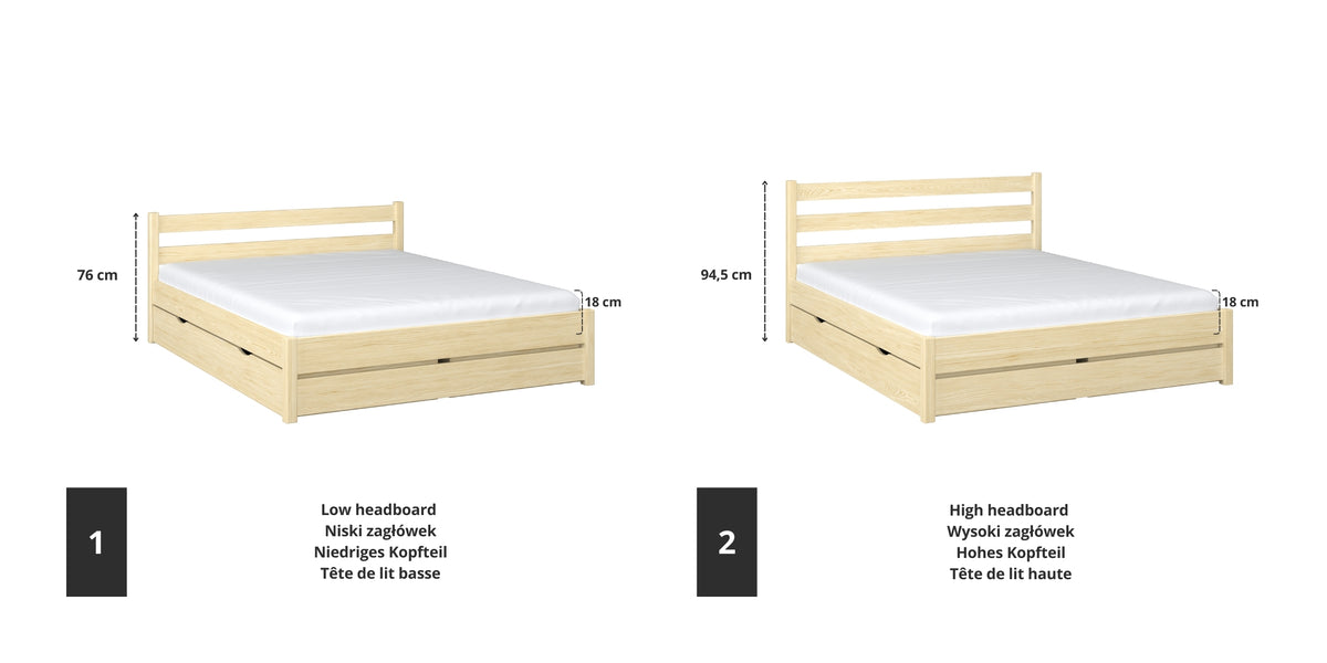 Doppelbett Holz Kiefer farblos – Details der Verbindungen und Schubladen, Nizio