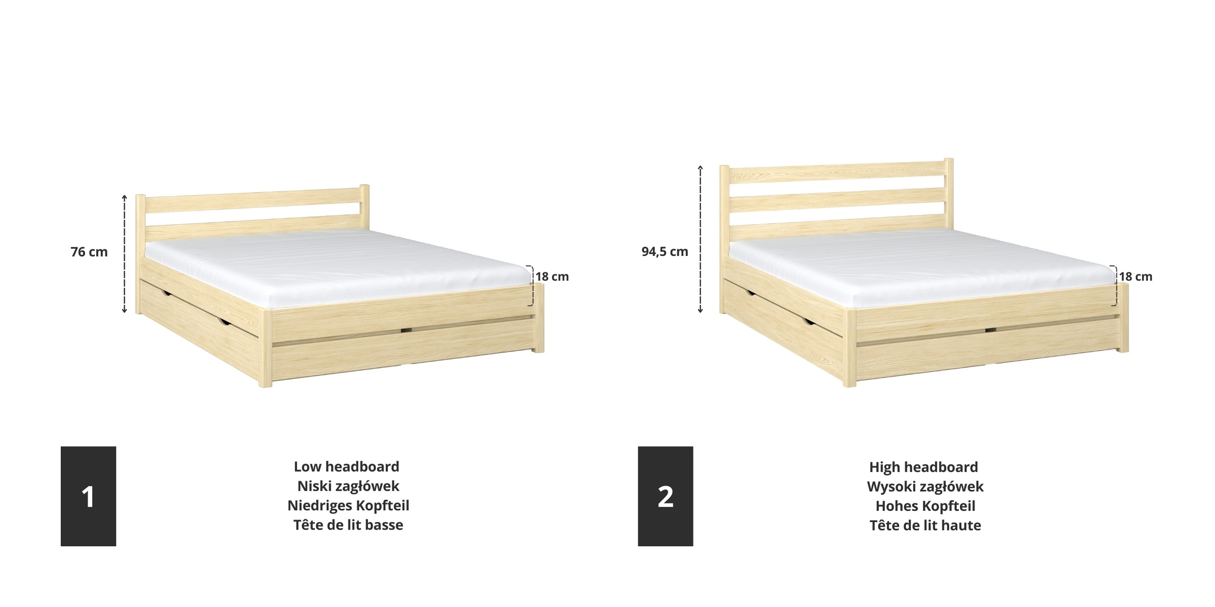 Doppelbett Holz Kiefer farblos – Details der Verbindungen und Schubladen, Nizio