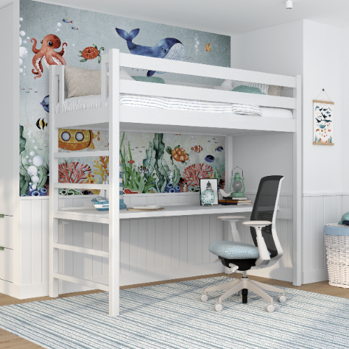 White Wooden Loft Bed with Desk – Ladder and Safety Rail