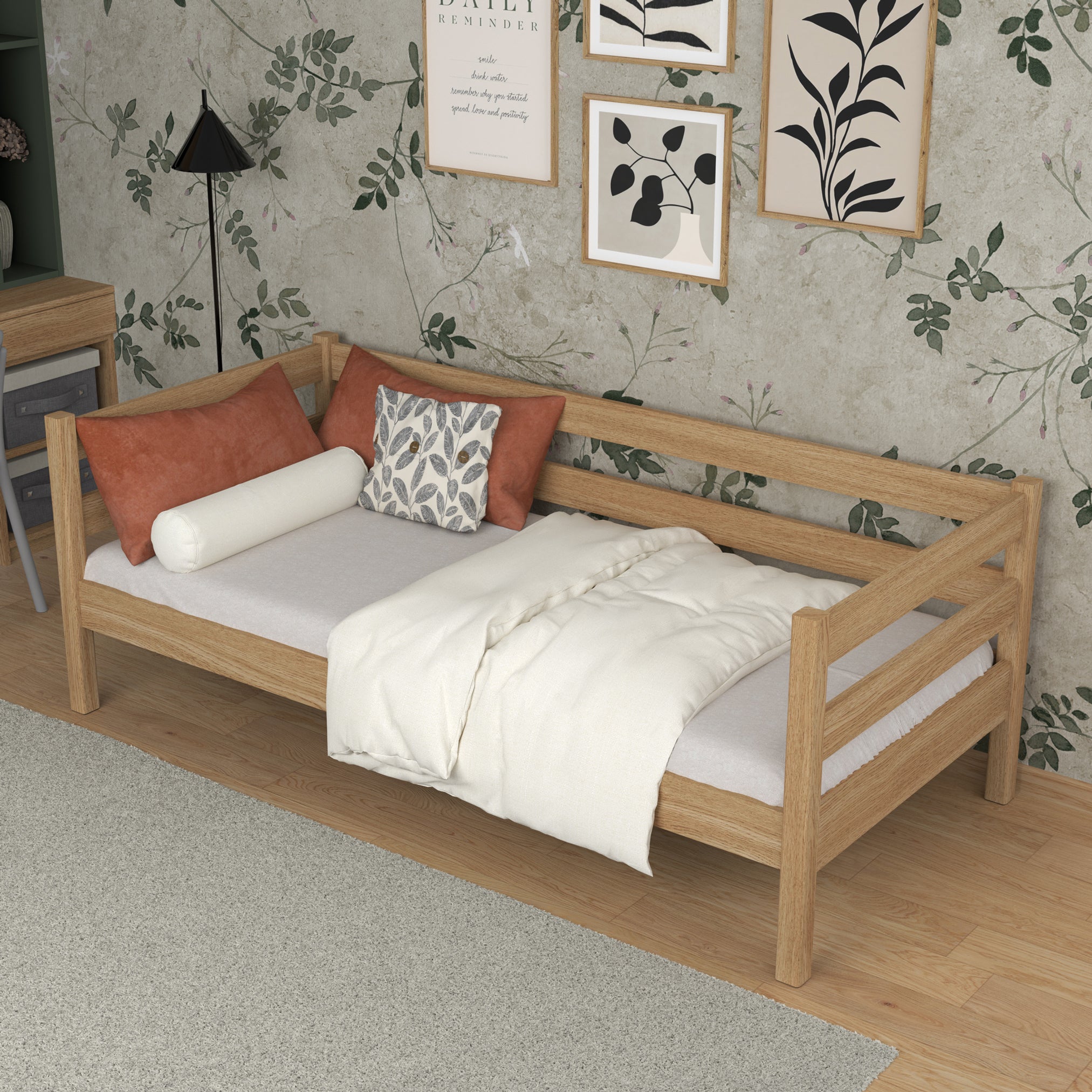 Łóżko sofa N01 dąb naturalny – widok z boku, solidna konstrukcja drewniana