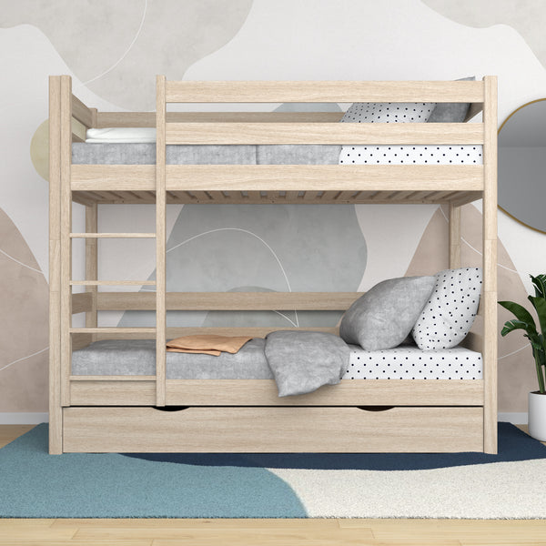 Etagenbett Eiche gebleicht mit Schublade – Schutzgitter und Leiter aus Eiche, Nizio