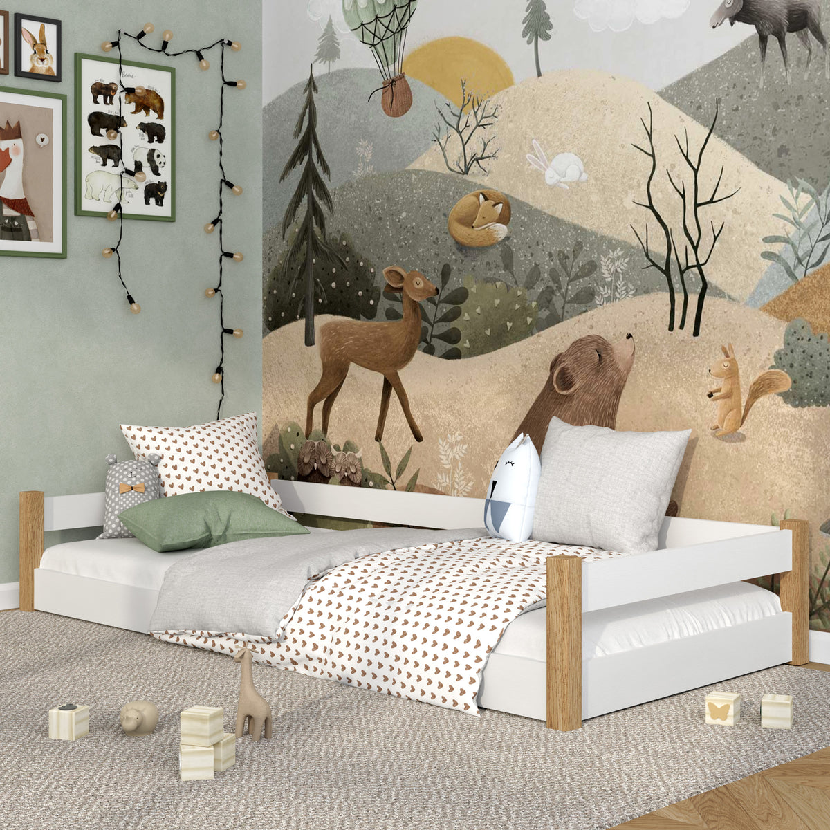 Wooden low bed N01 white / oak