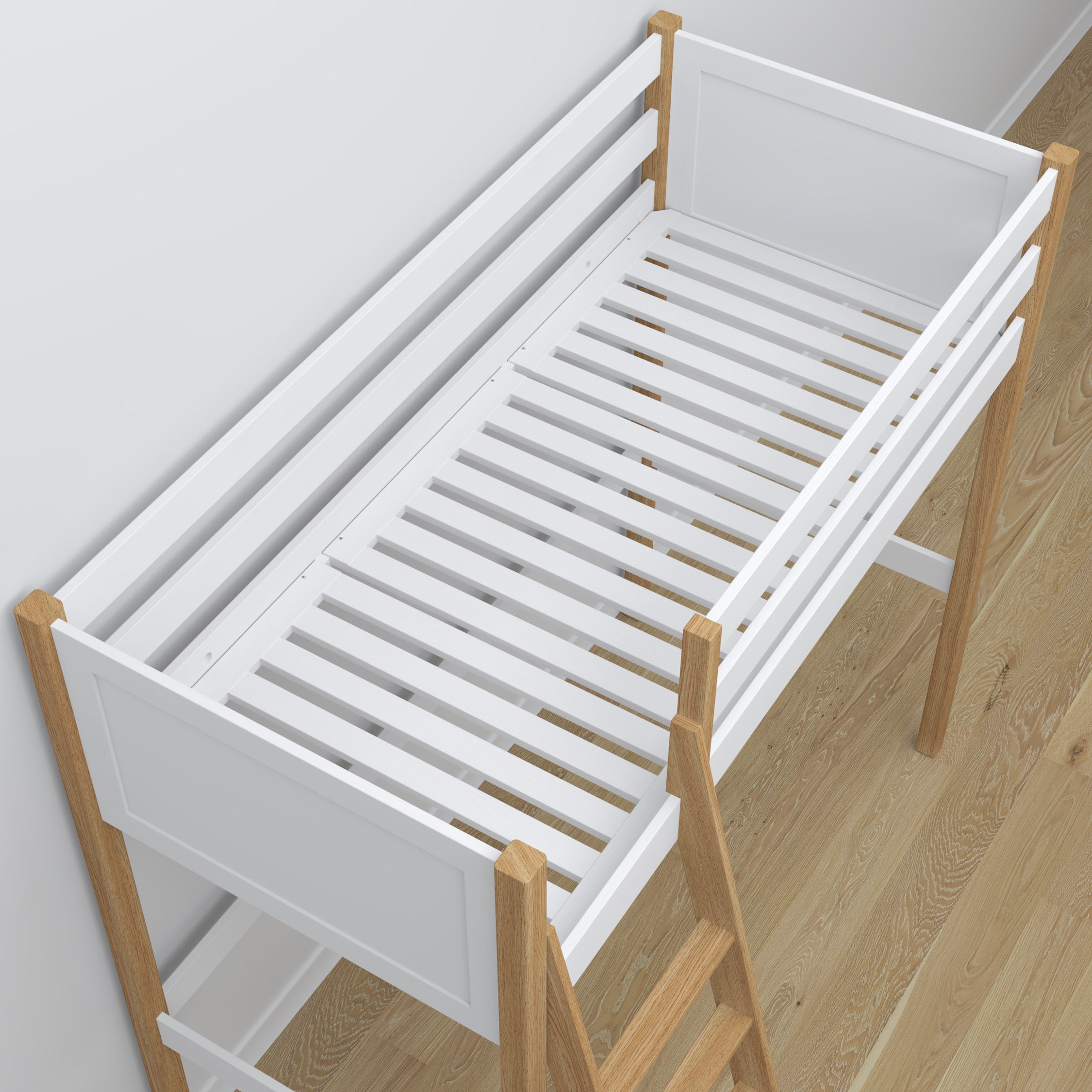 Hochbett aus Holz, Weiß-Eiche – Details der Verbindungen und Leiter, Nizio Home
