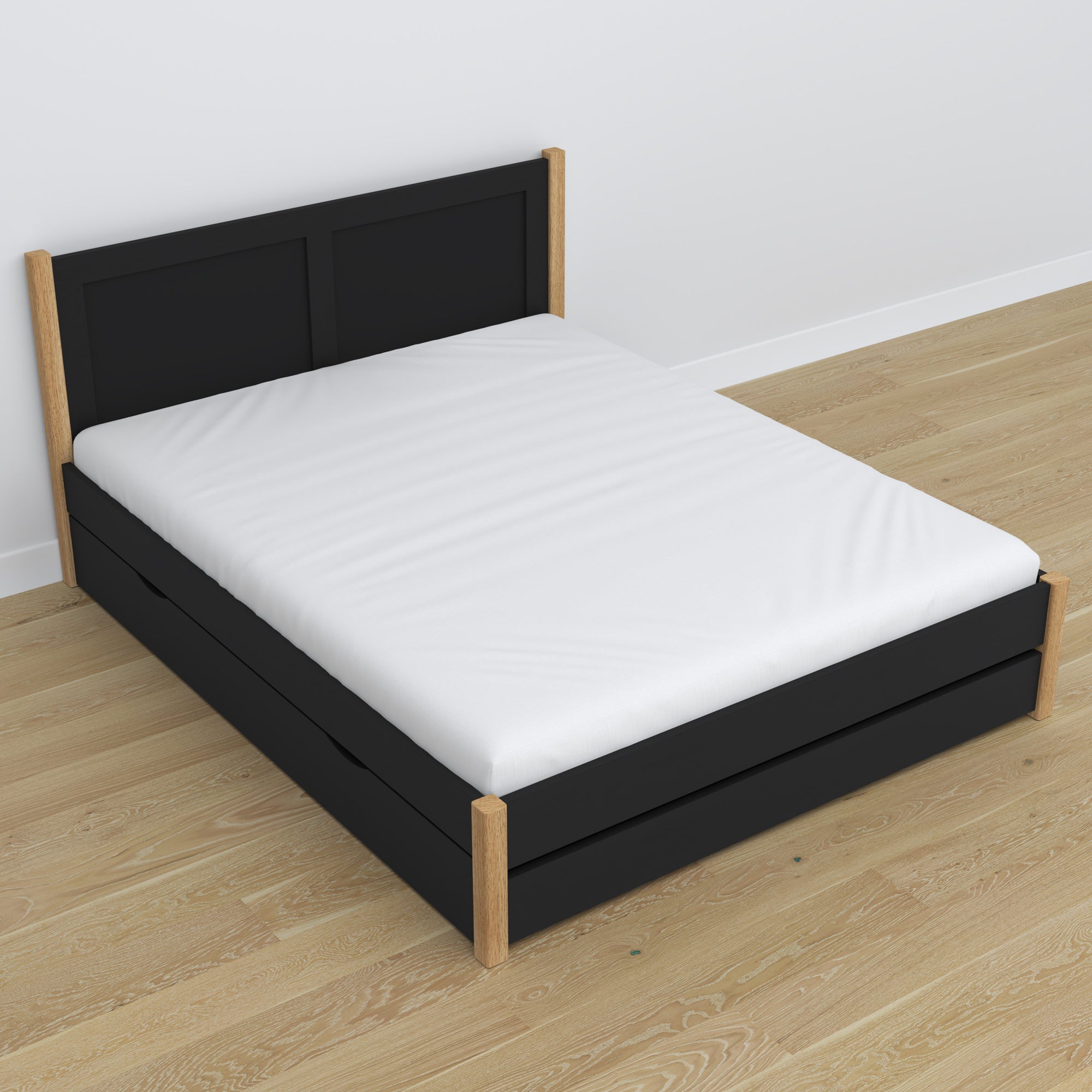Doppelbett Schwarz mit Eiche – Holzbeine und Holzsockel, Nahaufnahme