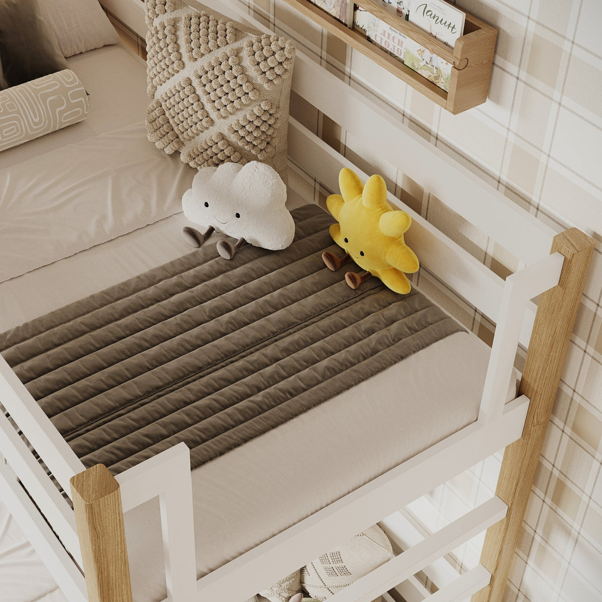 Etagenbett aus Holz Weiß-Eiche – Details der Verbindungen und Leiter, Kinderzimmer