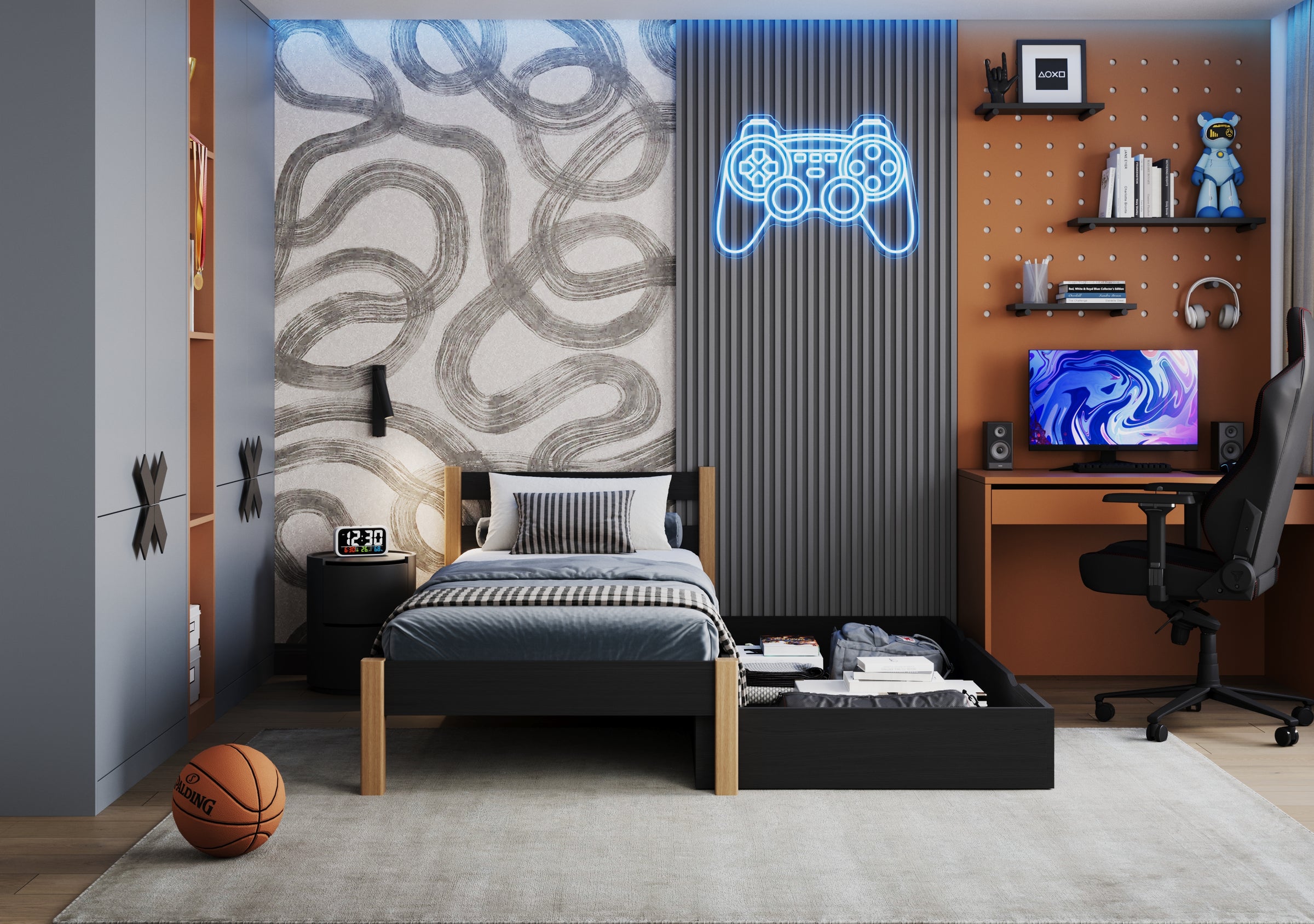 Bett schwarz-eiche mit Schublade – Seitenansicht, aus Holz, Nizio Home
