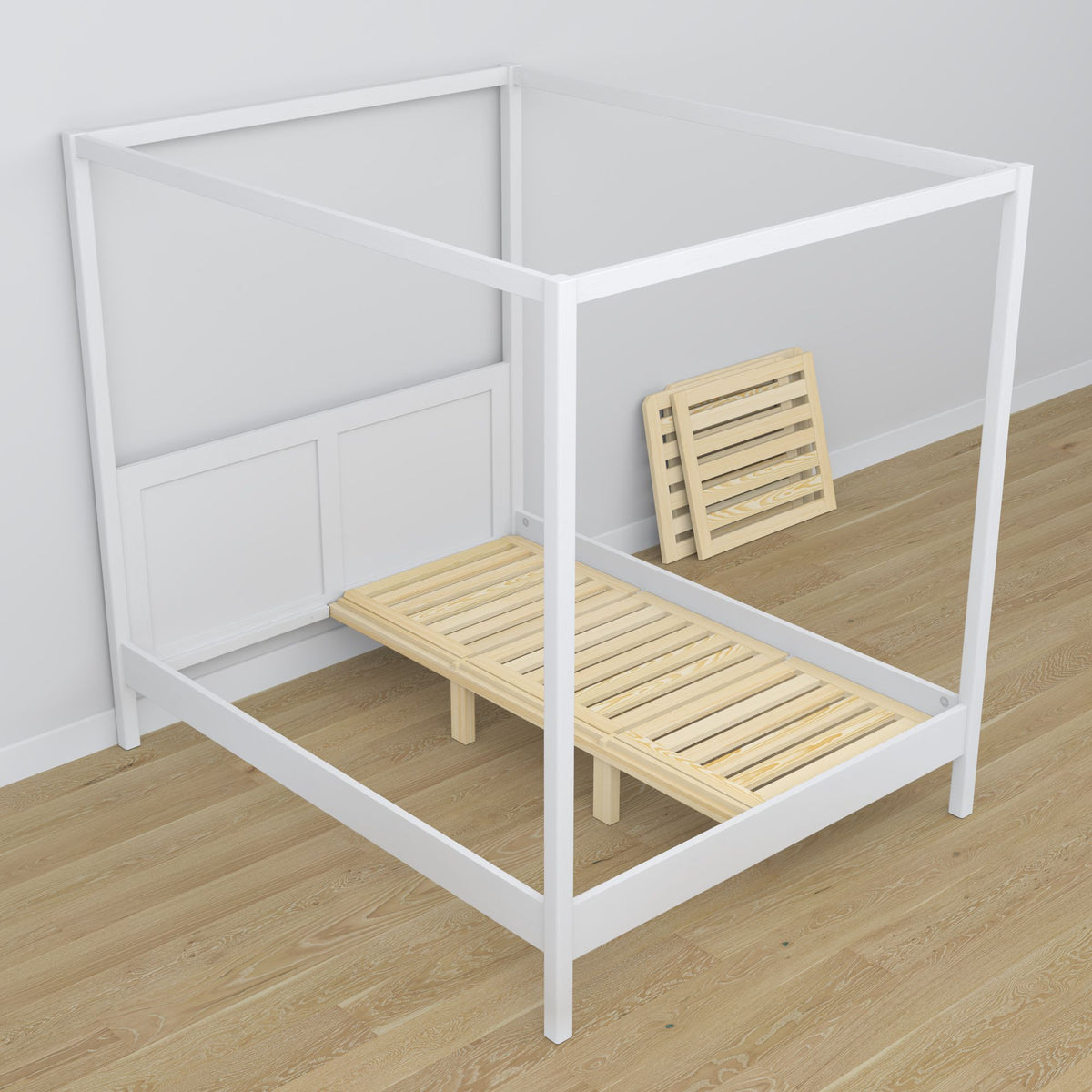 Bett mit Baldachin Weiß aus Holz – Schrägansicht, Schlafzimmer