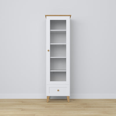 Vitrine mit Schublade Holz weiß mit Eiche 57 cm – Wohnzimmer, skandinavischer Stil Nizio