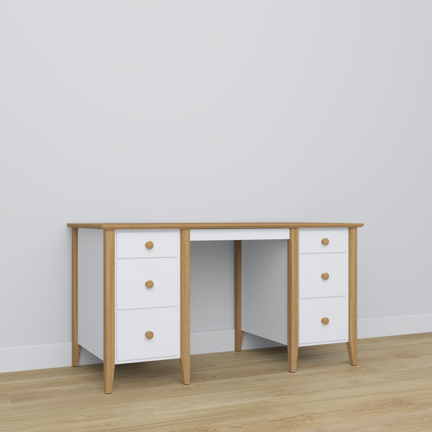Schreibtisch 6S weiß mit Eiche – Holz, breite Tischplatte, Frontansicht, Nizio