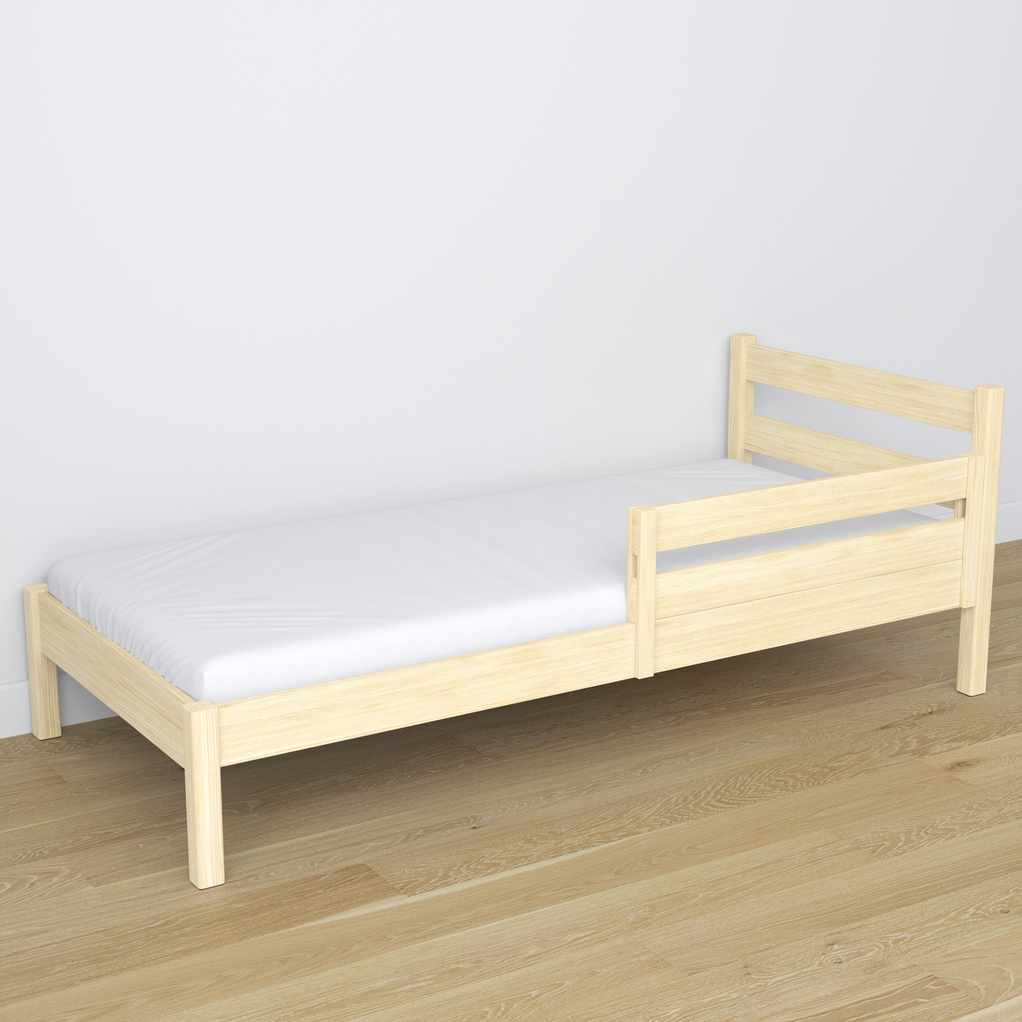 Herausfallschutz Kiefer farblos im Bett montiert – Detailaufnahme