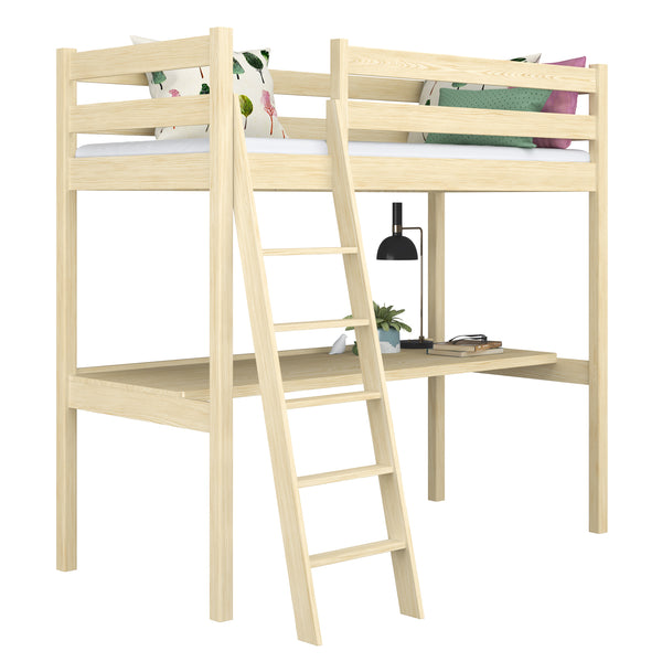Loft bed clear pine with desk – study space under the sleeping area, wooden