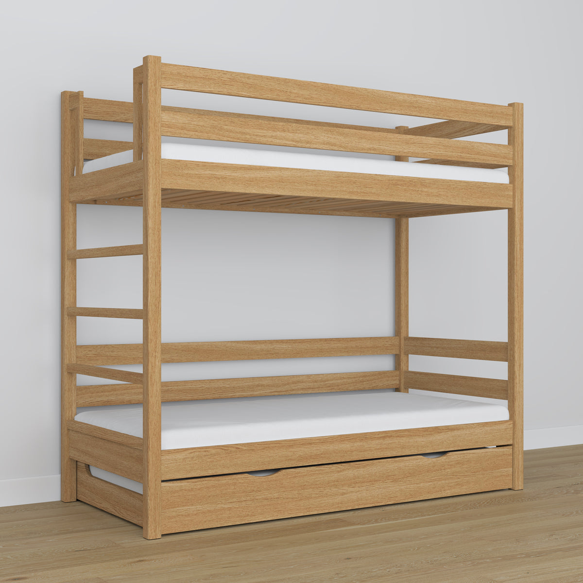 Łóżko piętrowe z szufladą na materac N03 dąb naturalny – dodatkowy widok, polska produkcja