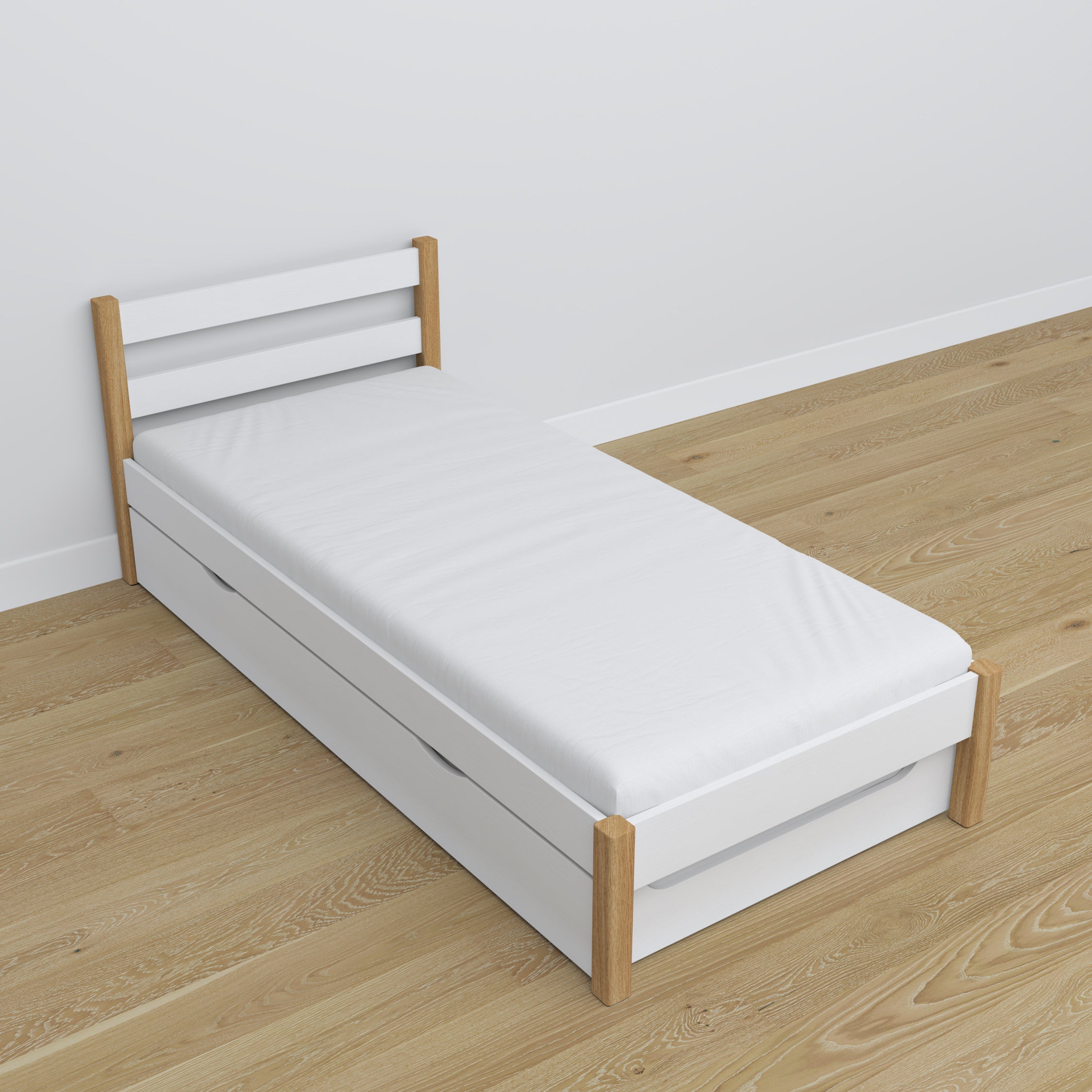Bed with mattress drawer white-oak made of wood – dimensions, Nizio