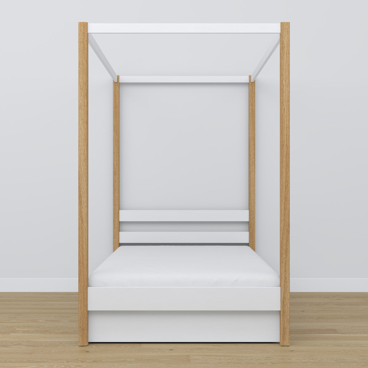Bett Weiß-Eiche mit Baldachin – offene Schublade, aus Holz, Nizio Home