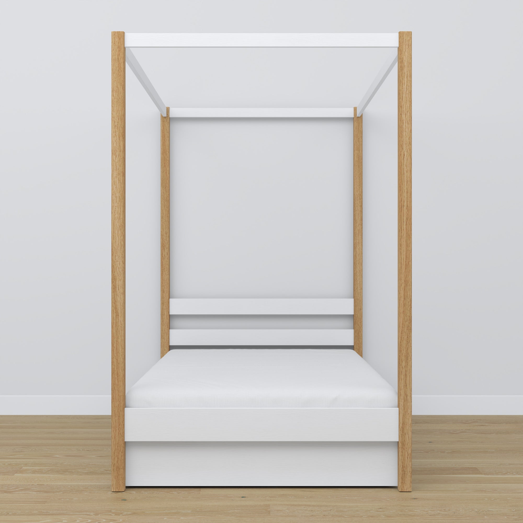 Bett Weiß-Eiche mit Baldachin – offene Schublade, aus Holz, Nizio Home