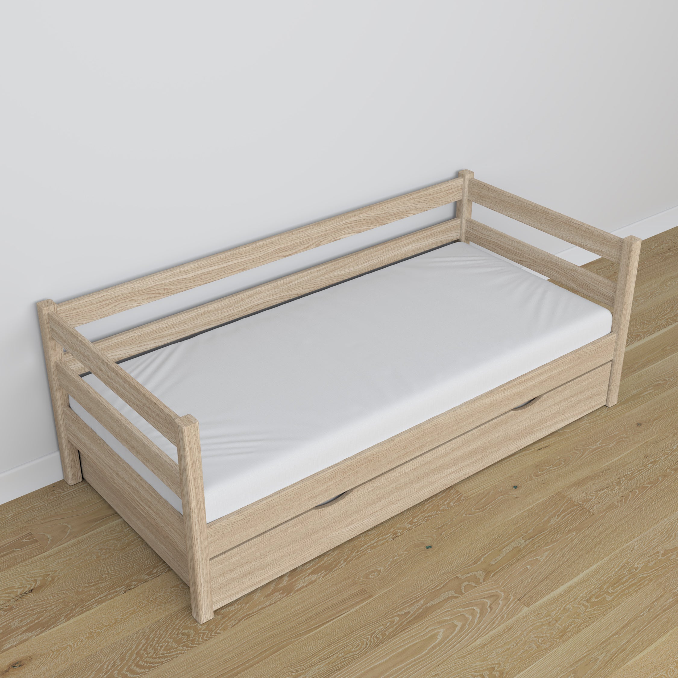 Łóżko sofa z szufladą na materac N01 dąb bielony – widok z innej perspektywy, solidne drewno