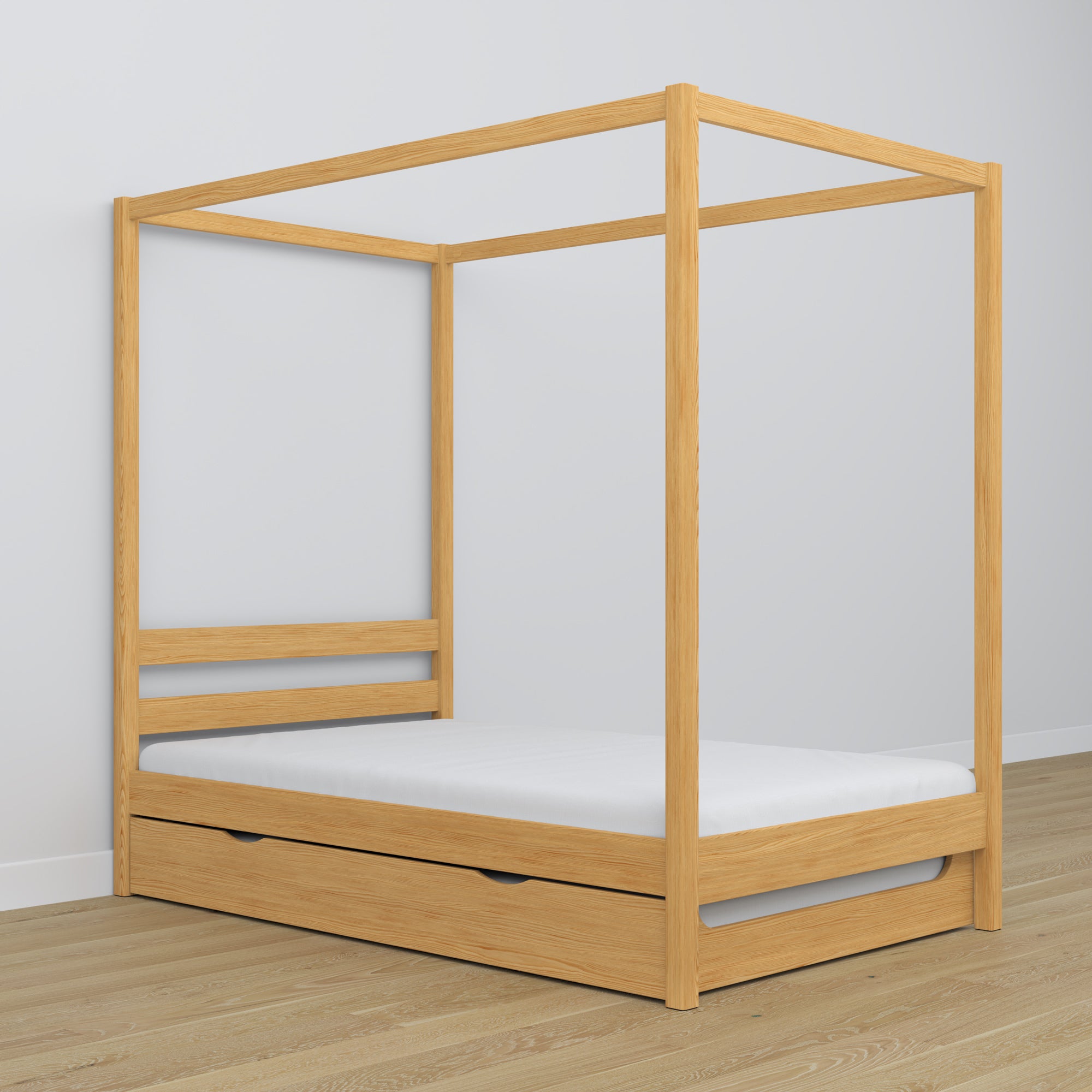 Bett Kiefer natur mit Baldachin – Schublade für zusätzliche Matratze, Holz