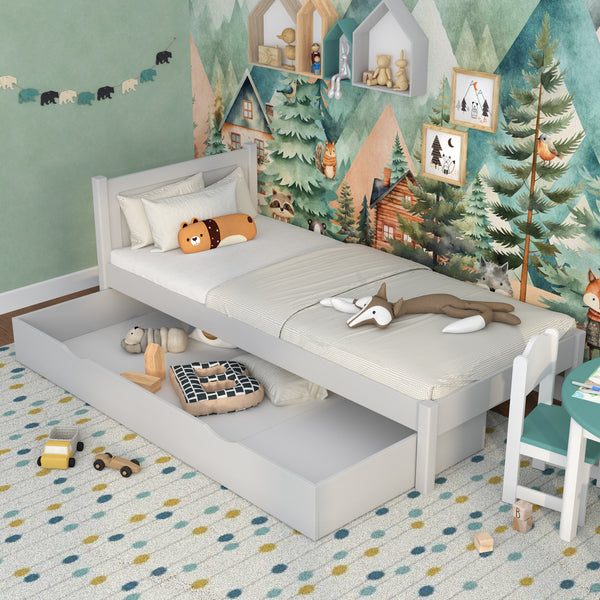 Łóżko pojedyncze z szufladą N02 popielaty – widok z boku, solidna konstrukcja drewniana