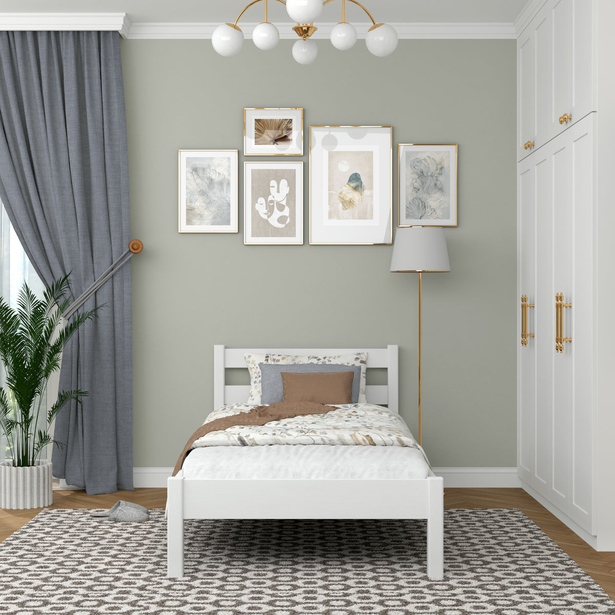 Single wooden bed white – side view, furniture proportions