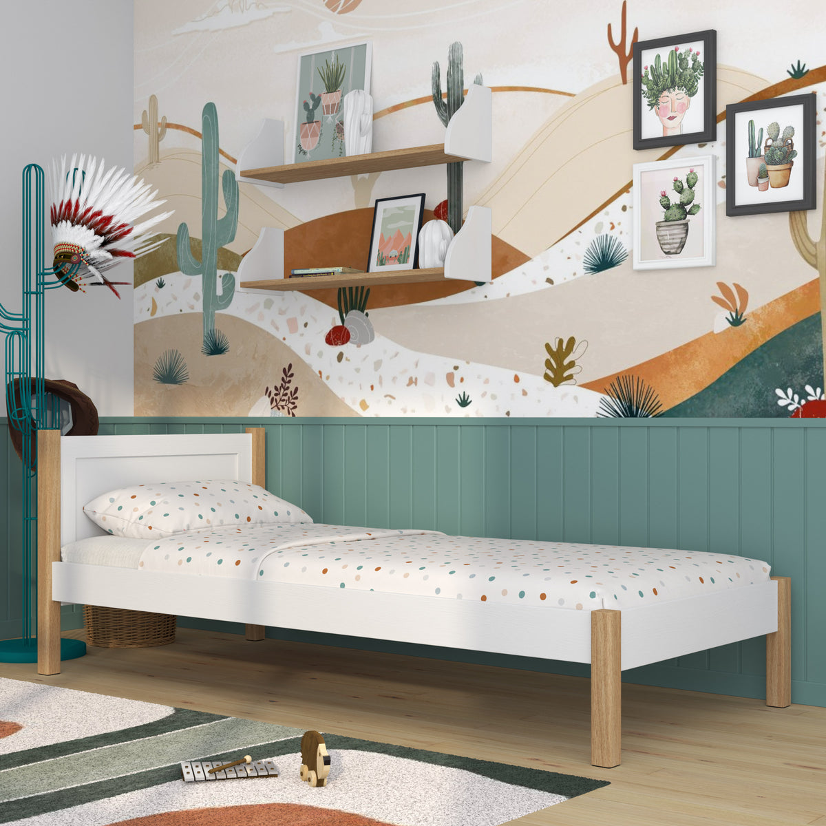 Einzelbett aus Holz weiß-eiche – Kinderzimmer, Massivholz, Scandi-Stil