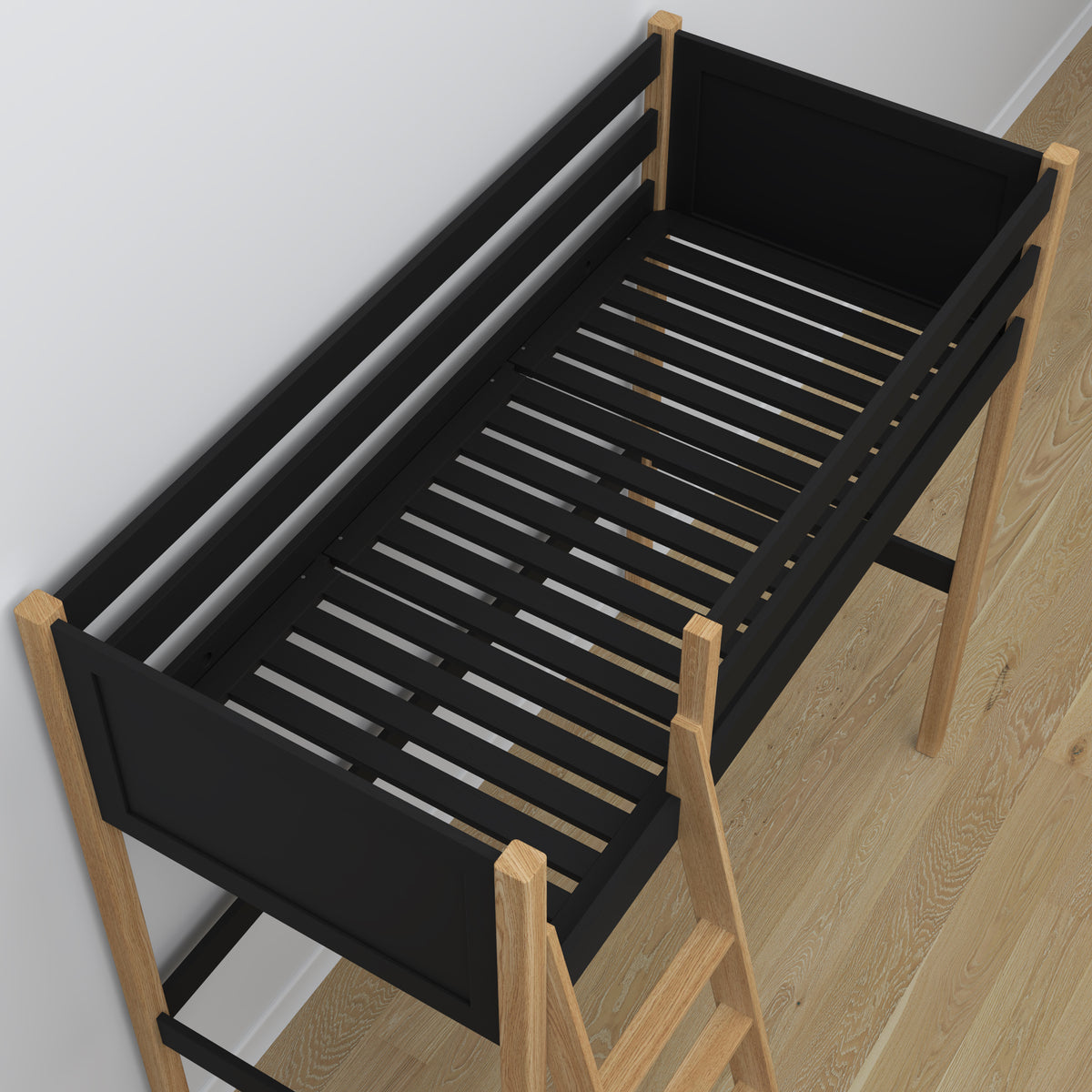 Hochbett schwarz-eiche – Holzschreibtisch unter dem Schlafbereich, Kinderzimmer scandi