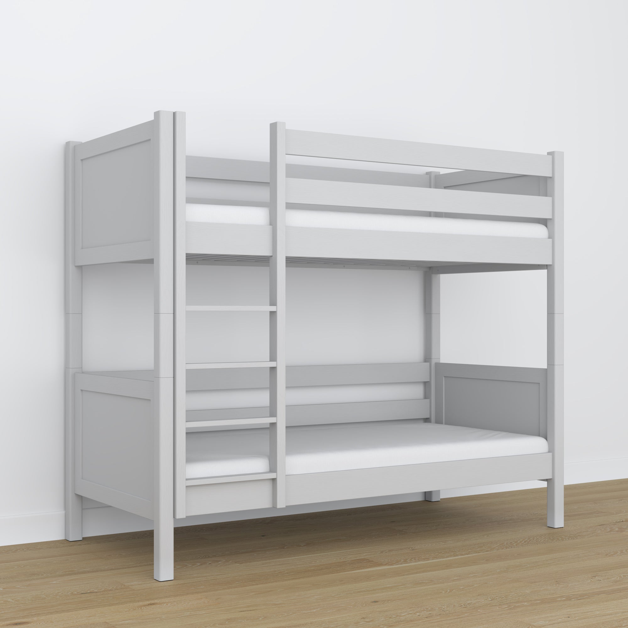 Holz-Etagenbett grau – Nahaufnahme der Verbindungen und Holzdetails