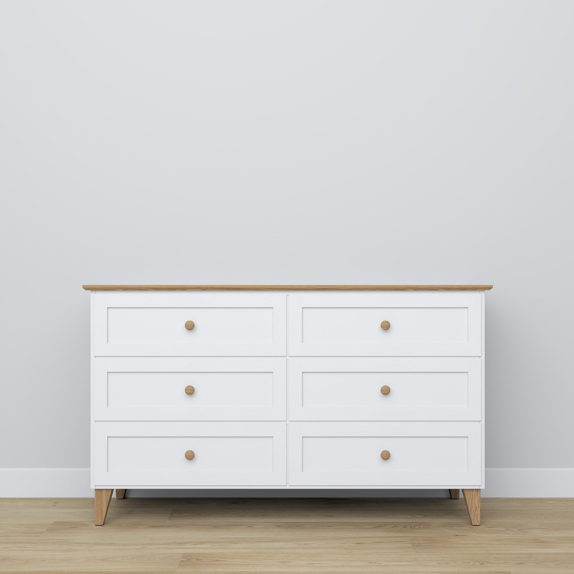 Kommode 6S Weiß mit Eiche aus Holz – Seitenansicht, Tiefe und Profil