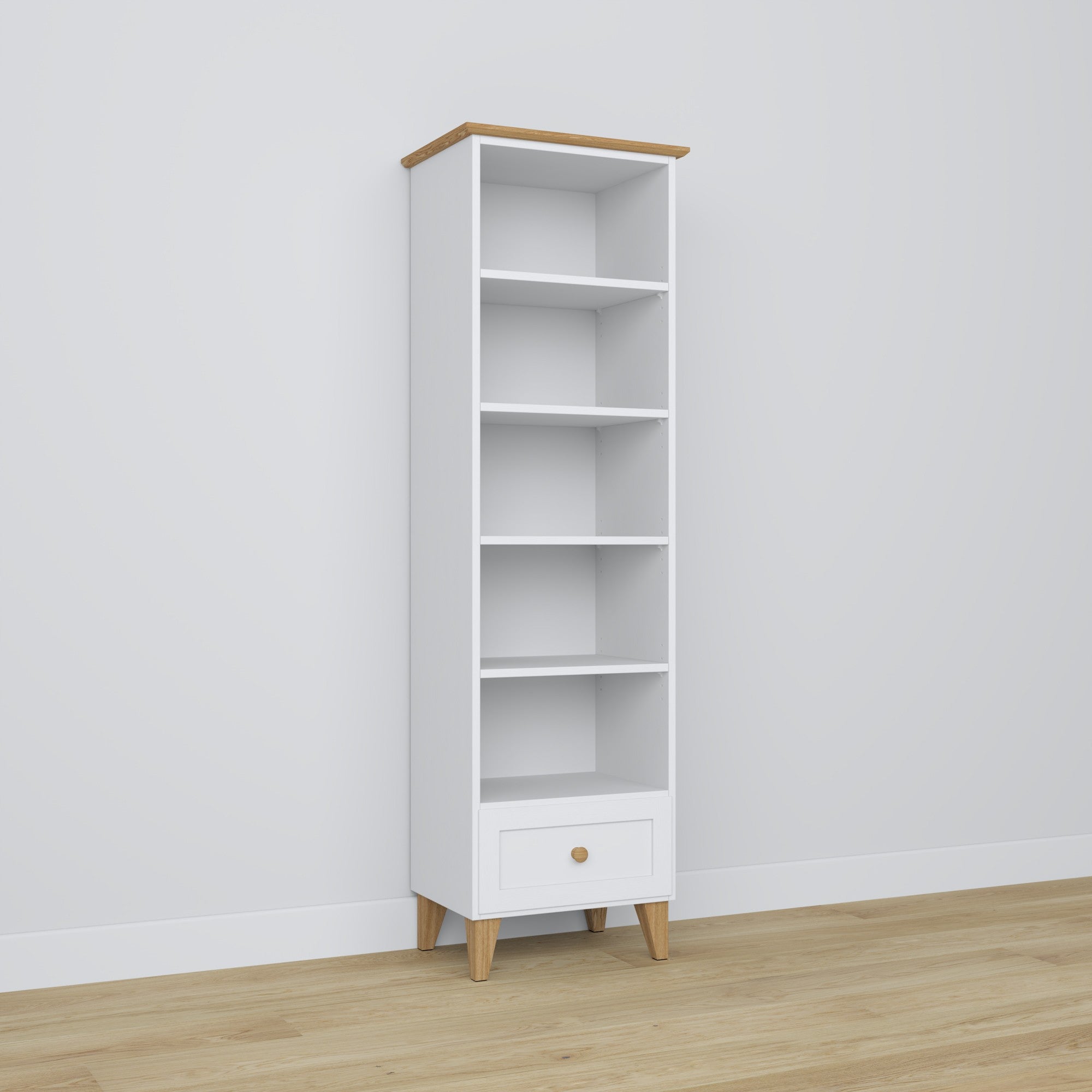 Bookcase 1S 57 white with oak – wooden, all shelves, front view, Nizio
