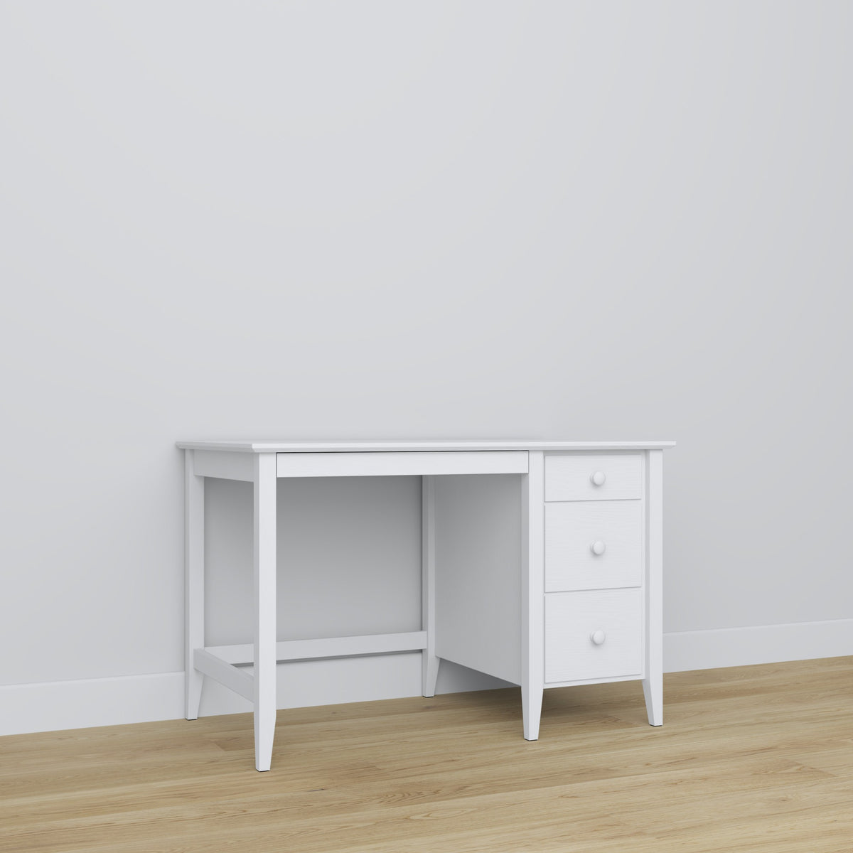 Schreibtisch 3S weiß – Tischplatte und Schubladen, Detailaufnahme Holz, Nizio