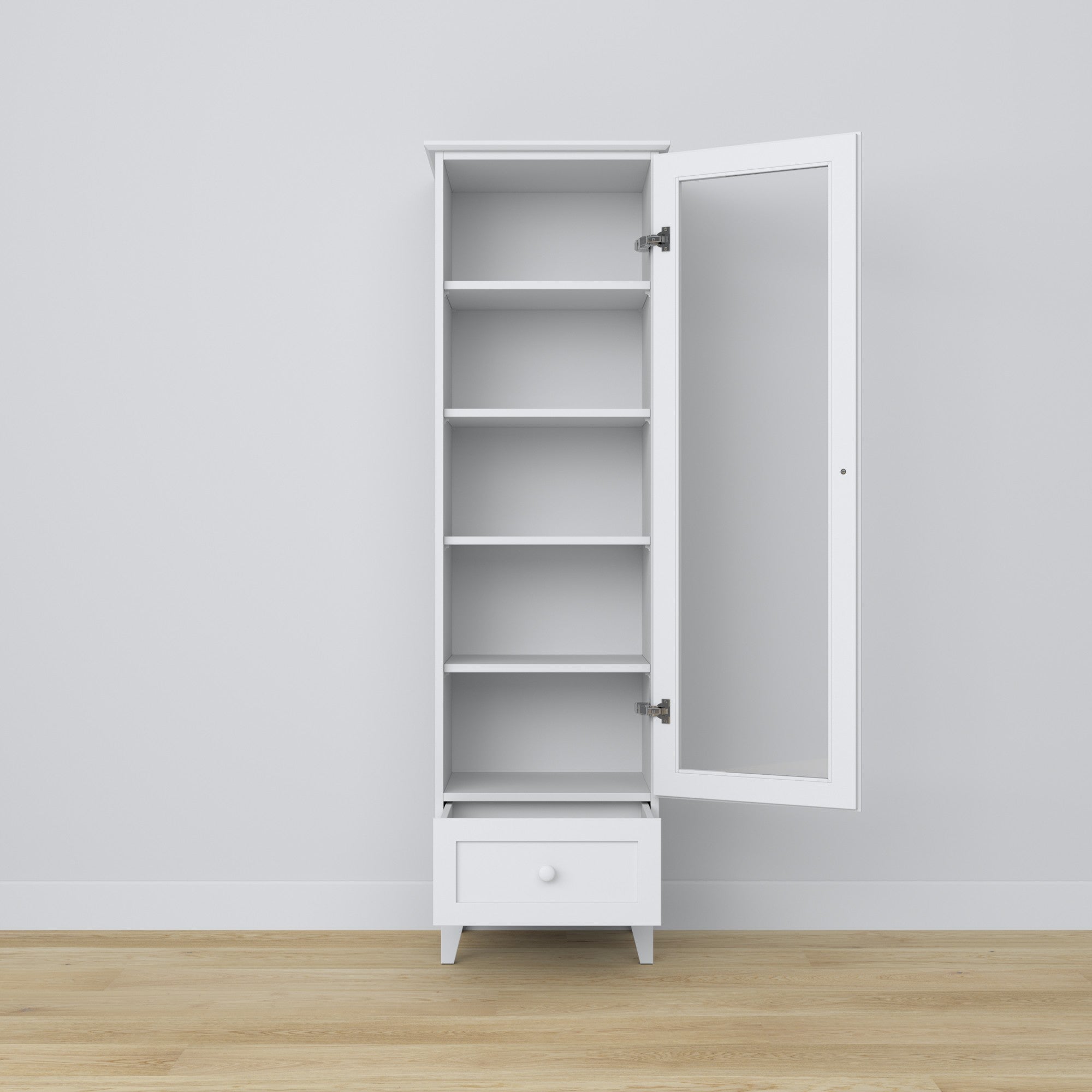 Vitrine 1S 57 Weiß – Holzoberfläche, Glastüren, Frontansicht