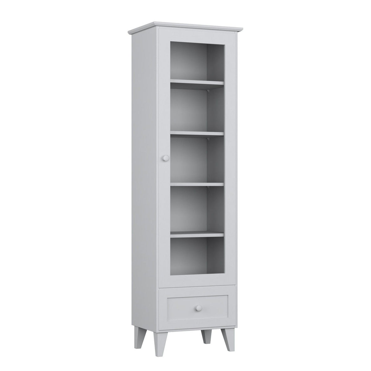 Vitrine 1S 57 Aschgrau aus Holz – Schrägansicht, scandi