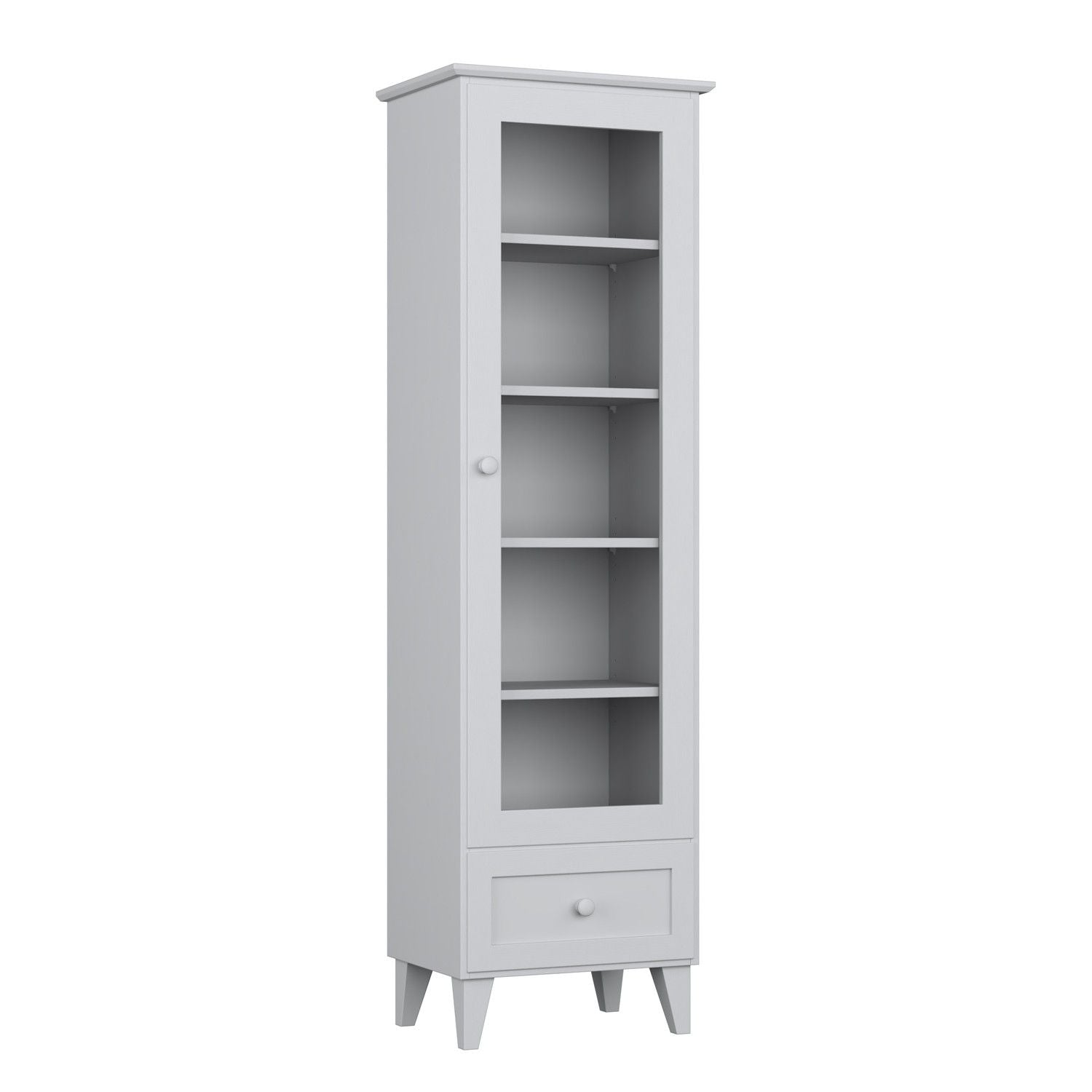 Vitrine 1S 57 Aschgrau aus Holz – Schrägansicht, scandi