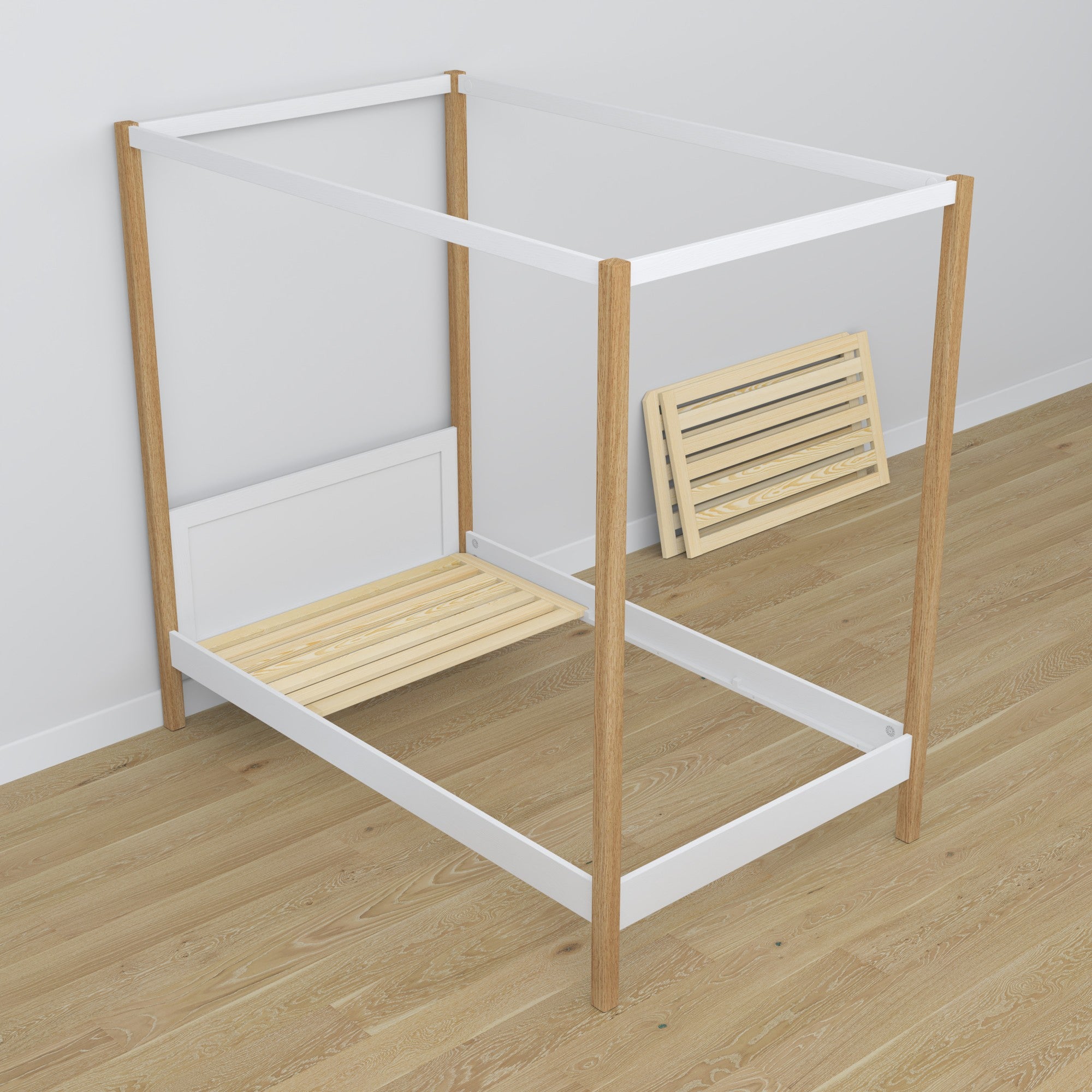 Himmelbett aus Holz, Weiß-Eiche – Scandi-Einrichtung im Kinderzimmer