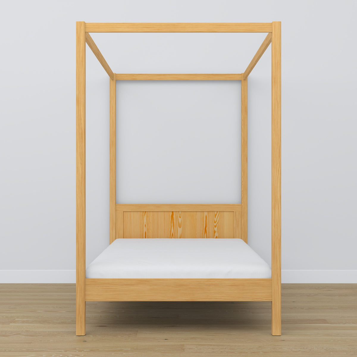 Himmelbett aus Holz Kiefer natur – Nahaufnahme von Baldachin und Kopfteil