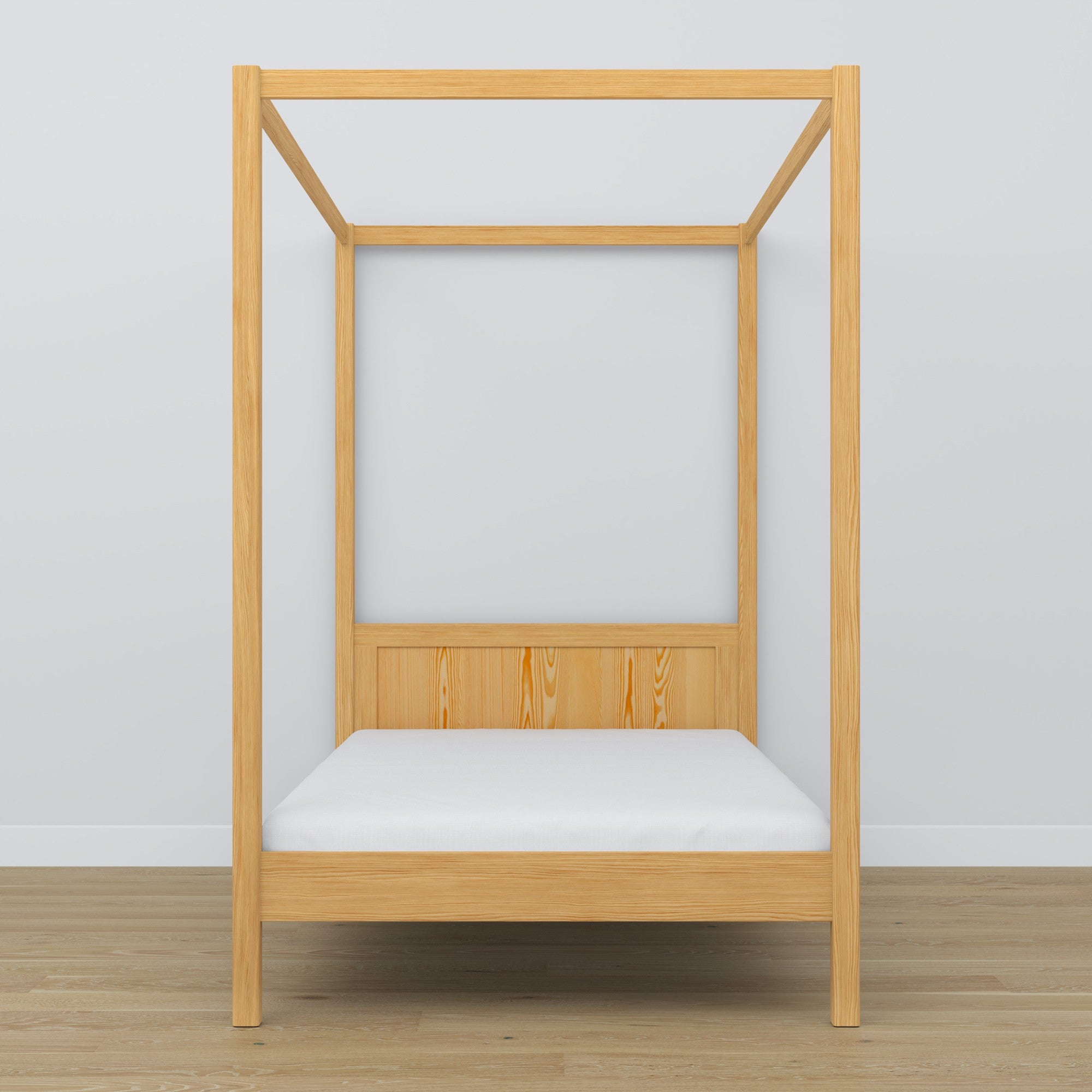Himmelbett aus Holz Kiefer natur – Nahaufnahme von Baldachin und Kopfteil
