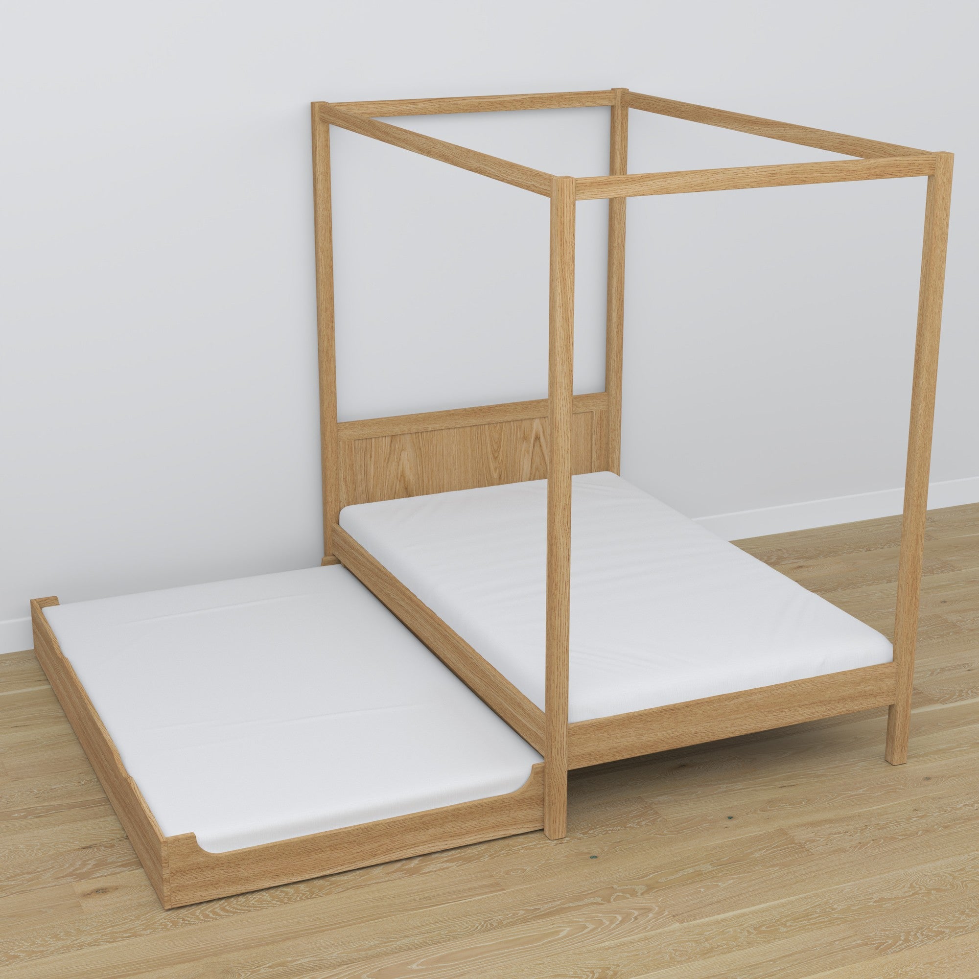 Himmelbett aus Eiche, Natureiche – ausgezogene Schublade, Gästeschlafplatz