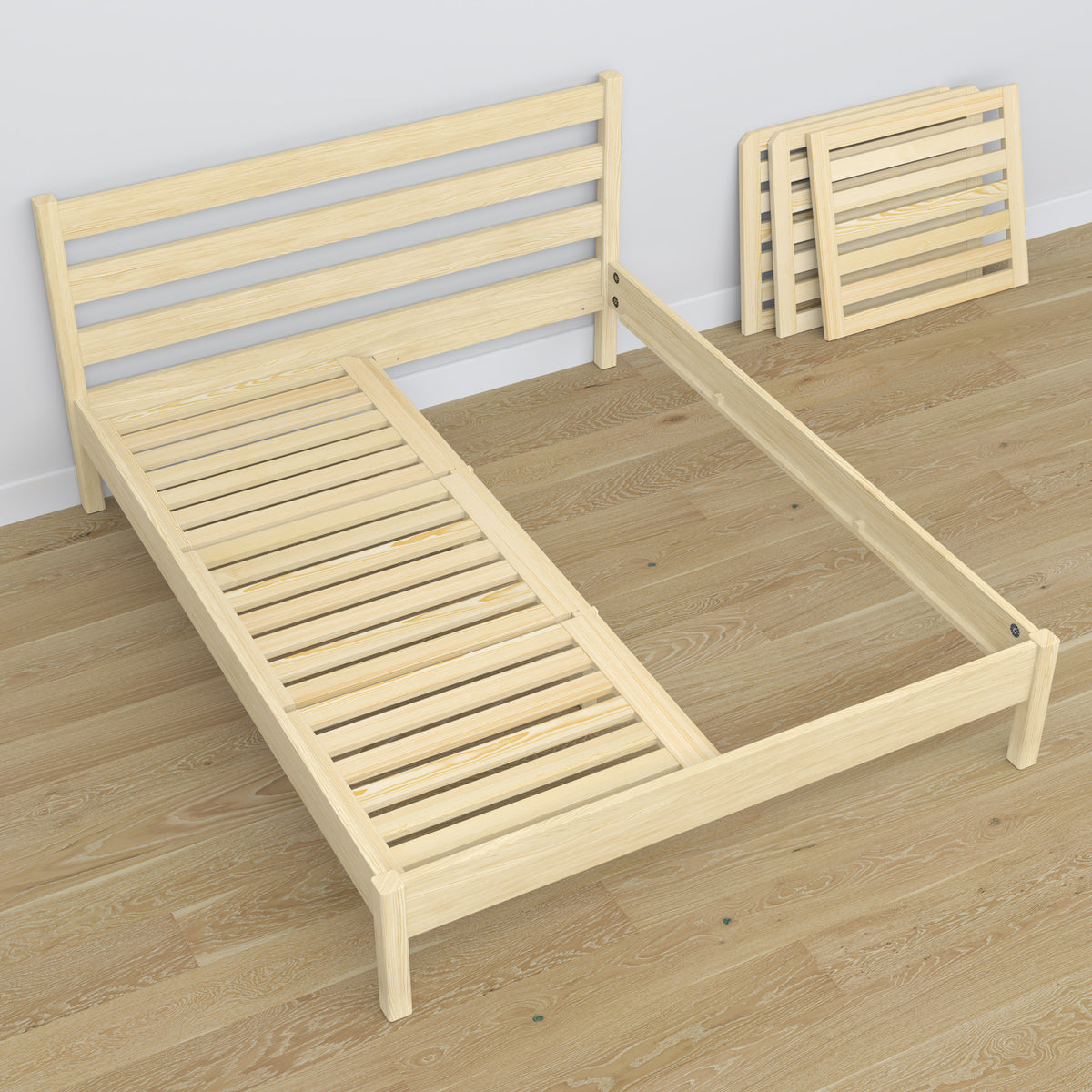 Doppelbett Holz Kiefer farblos – Maße und Schema, Nizio Home
