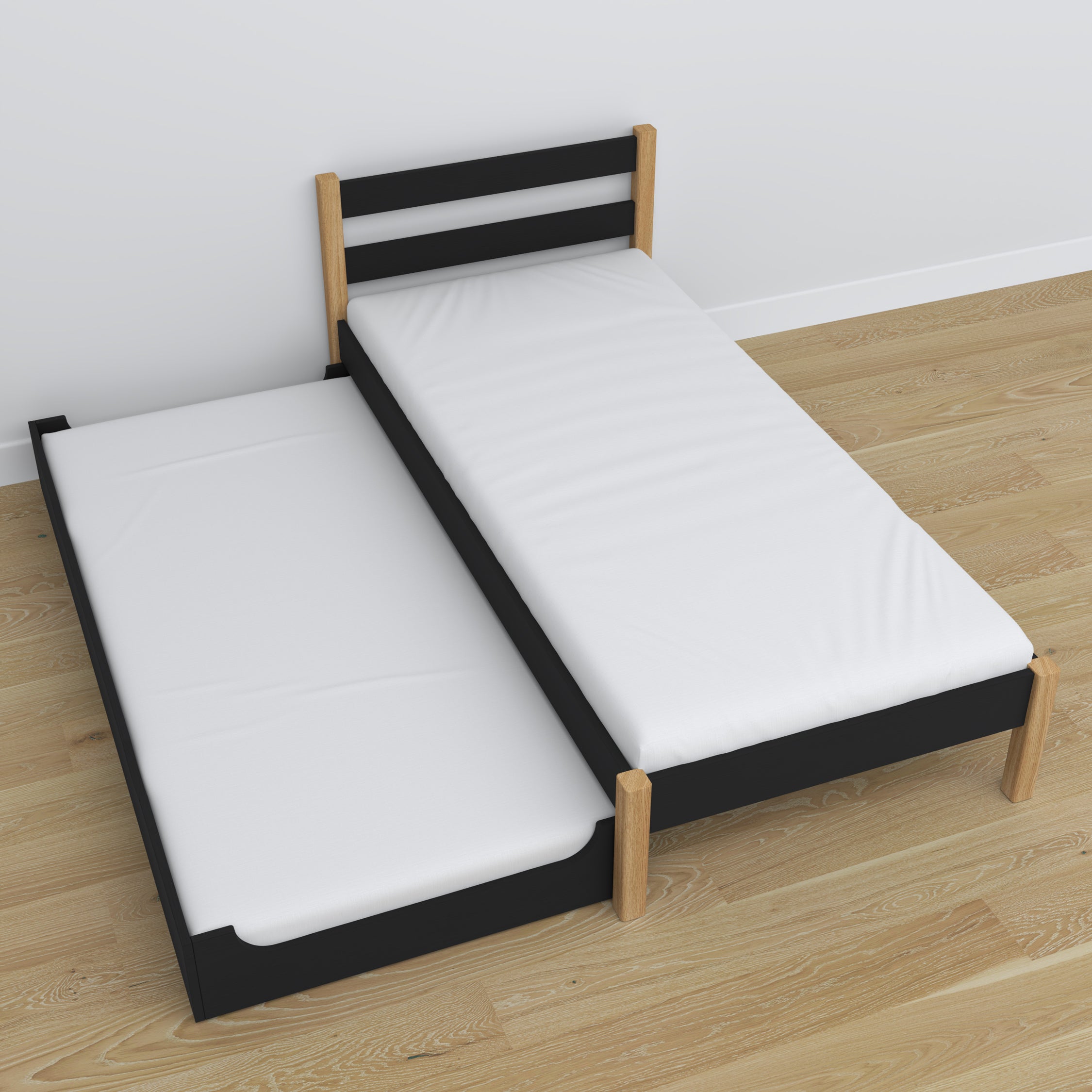 Bett mit Schublade für Matratze schwarz-eiche aus Holz – Maße, Nizio
