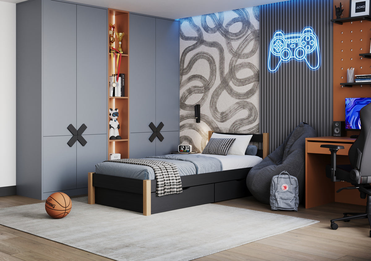 Bett mit Schublade aus Holz Schwarz-Eiche – Kinderzimmer, Scandi-Einrichtung