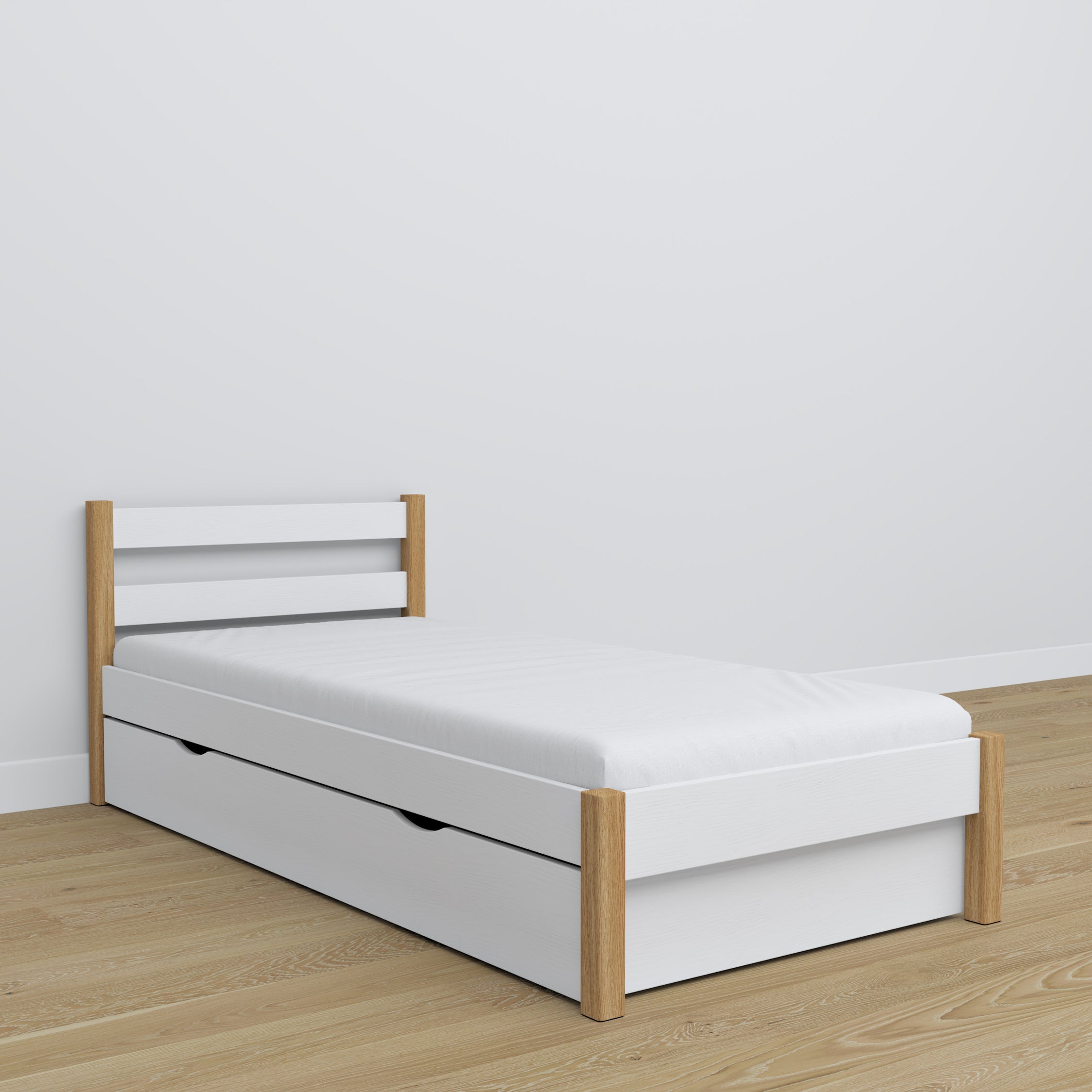 Wooden bed with drawer white-oak – child’s room, scandi arrangement